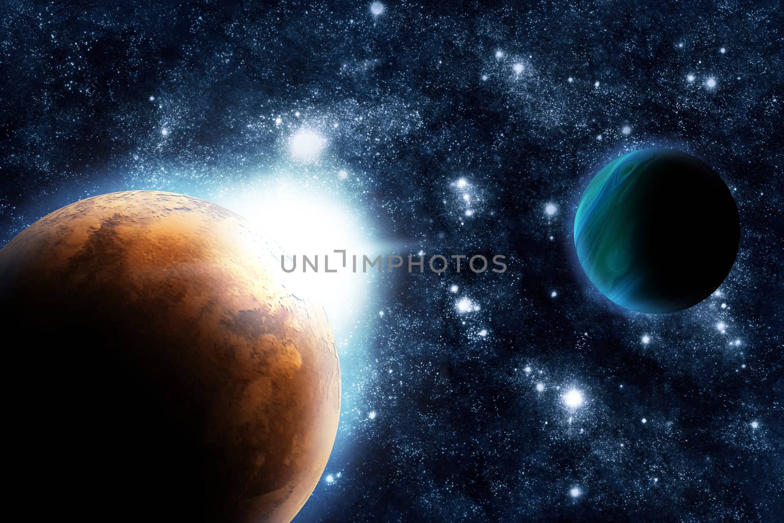 Abstract planet with sun flare in deep space - star nebula against black background