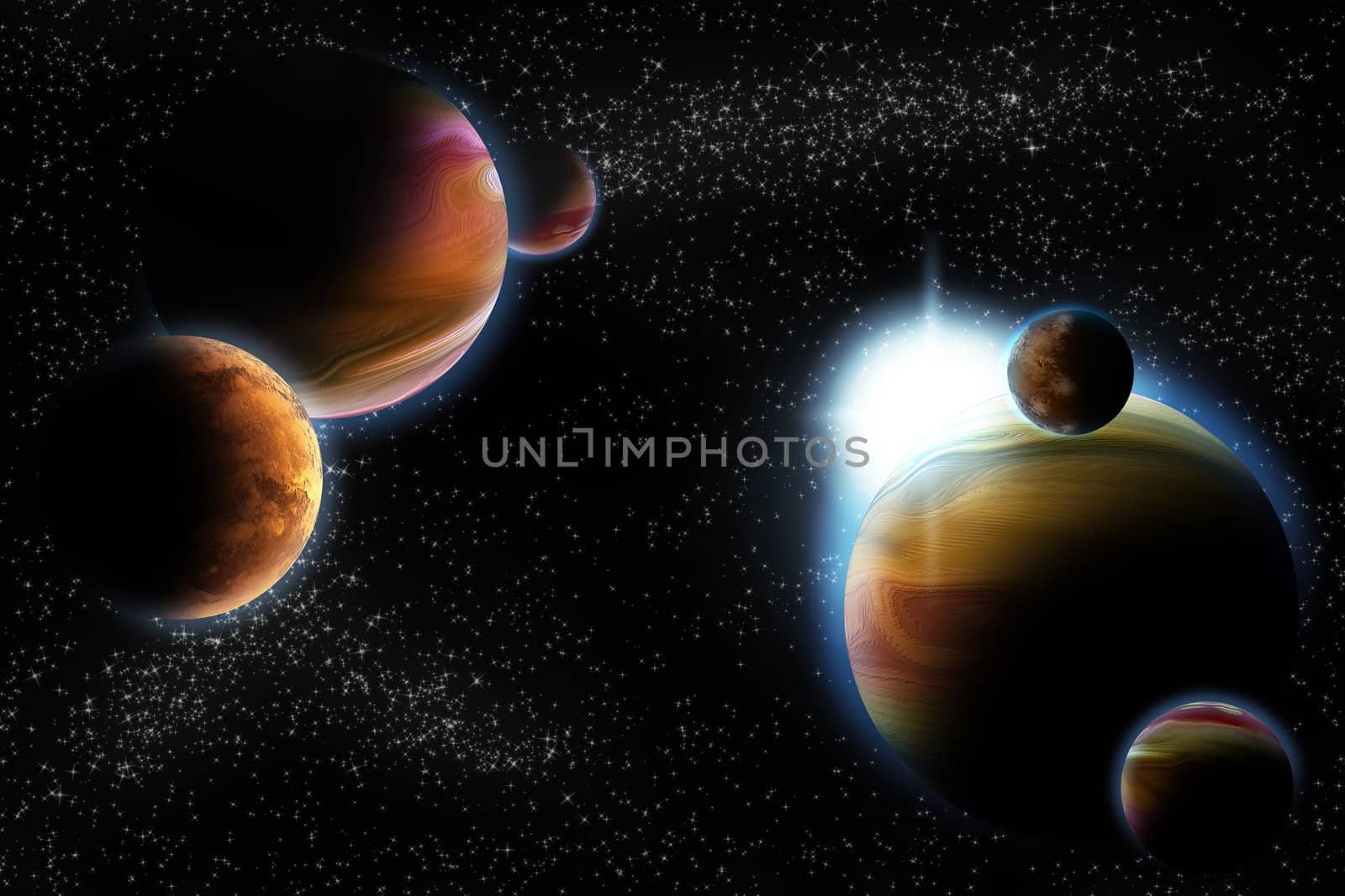 Abstract planet with sun flare in deep space - star nebula against black background