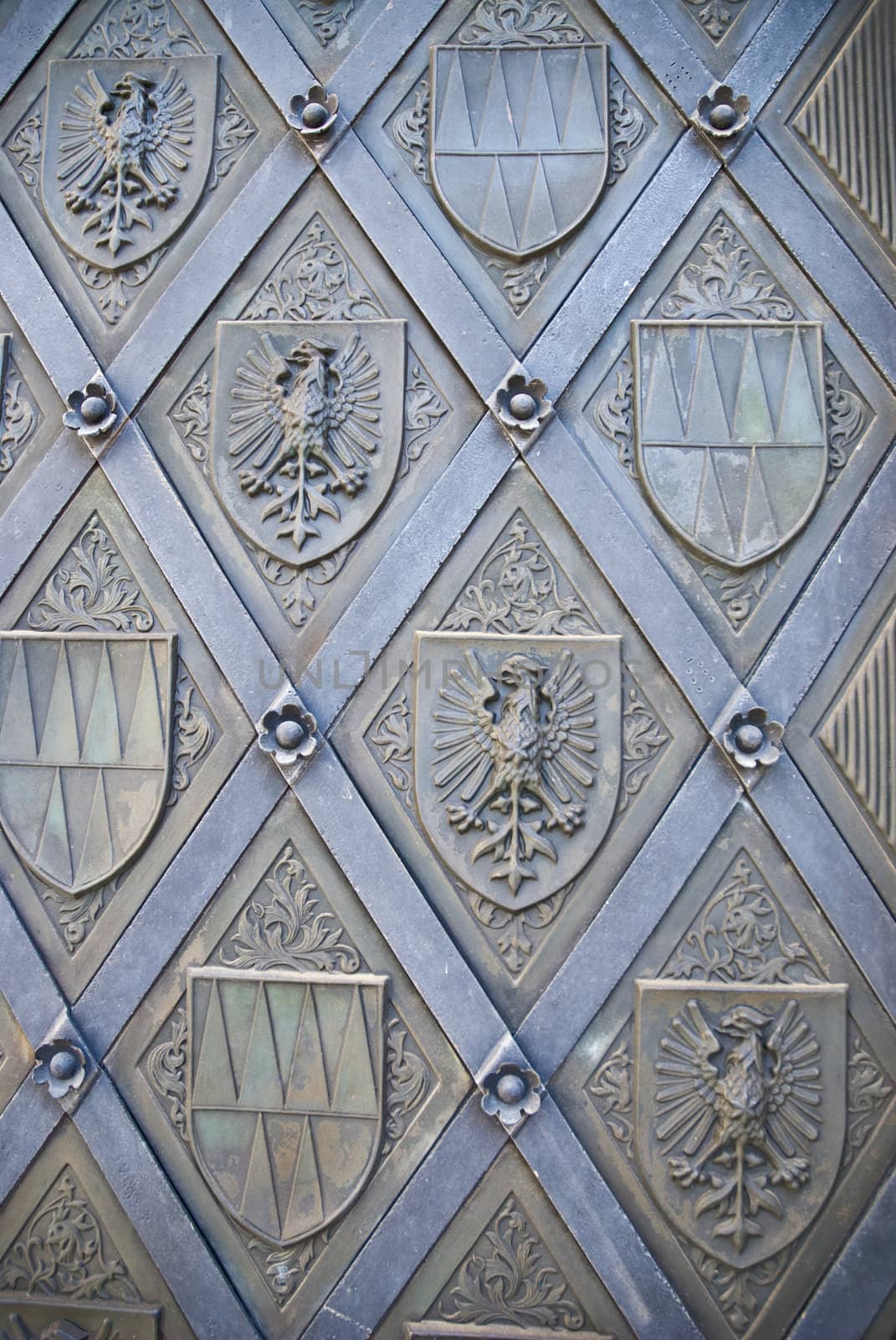 Close-up image of ancient iron metal door with ornament