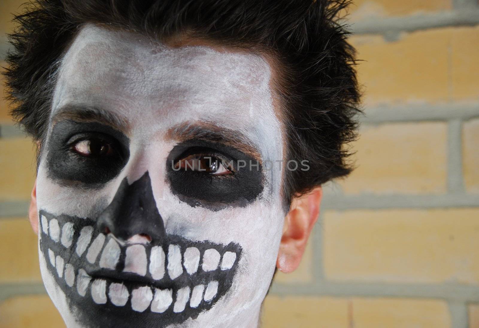 portrait of a creepy skeleton guy perfect for Carnival (brick wall background)