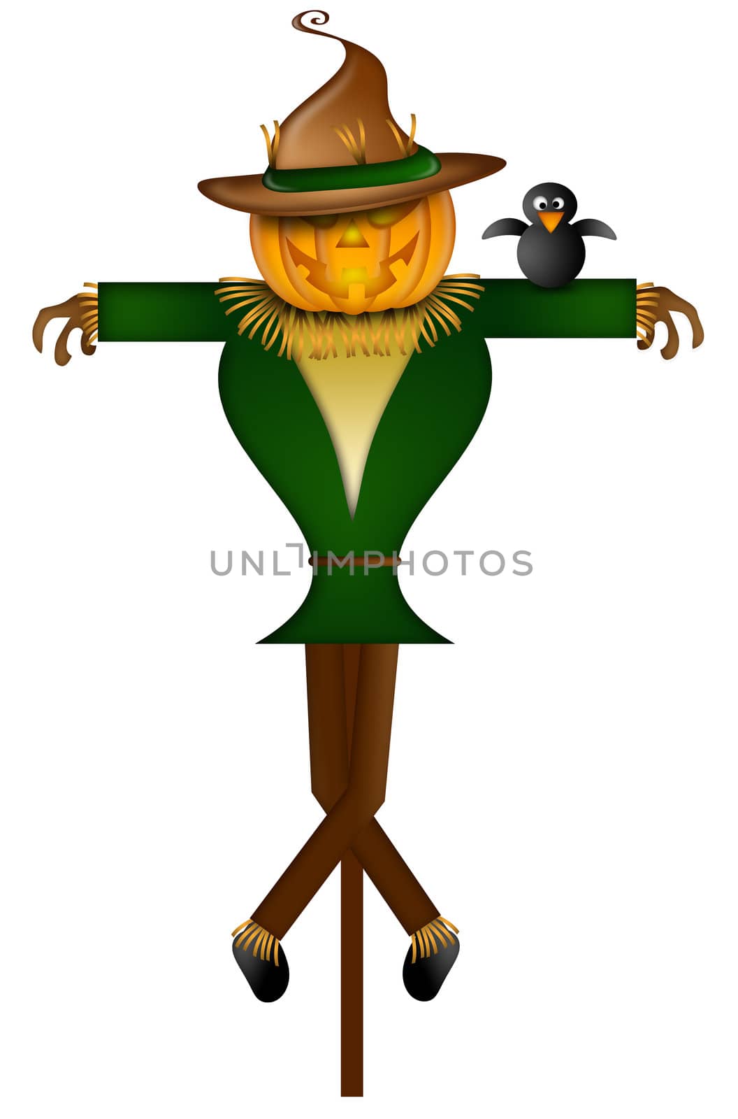 Scarecrow with Black Crow Bird on Wood Stake Illustration