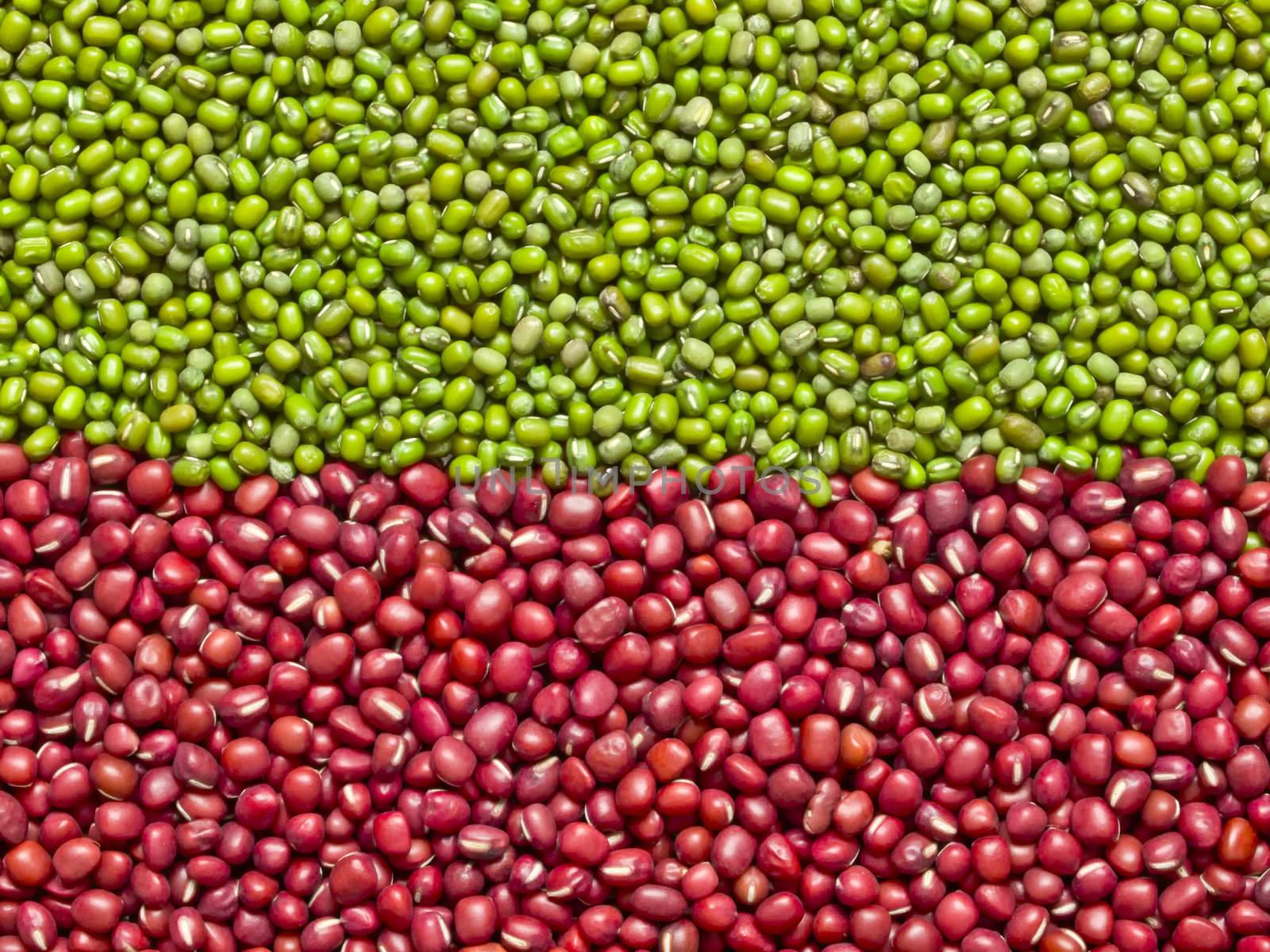 close up of red and green mung beans