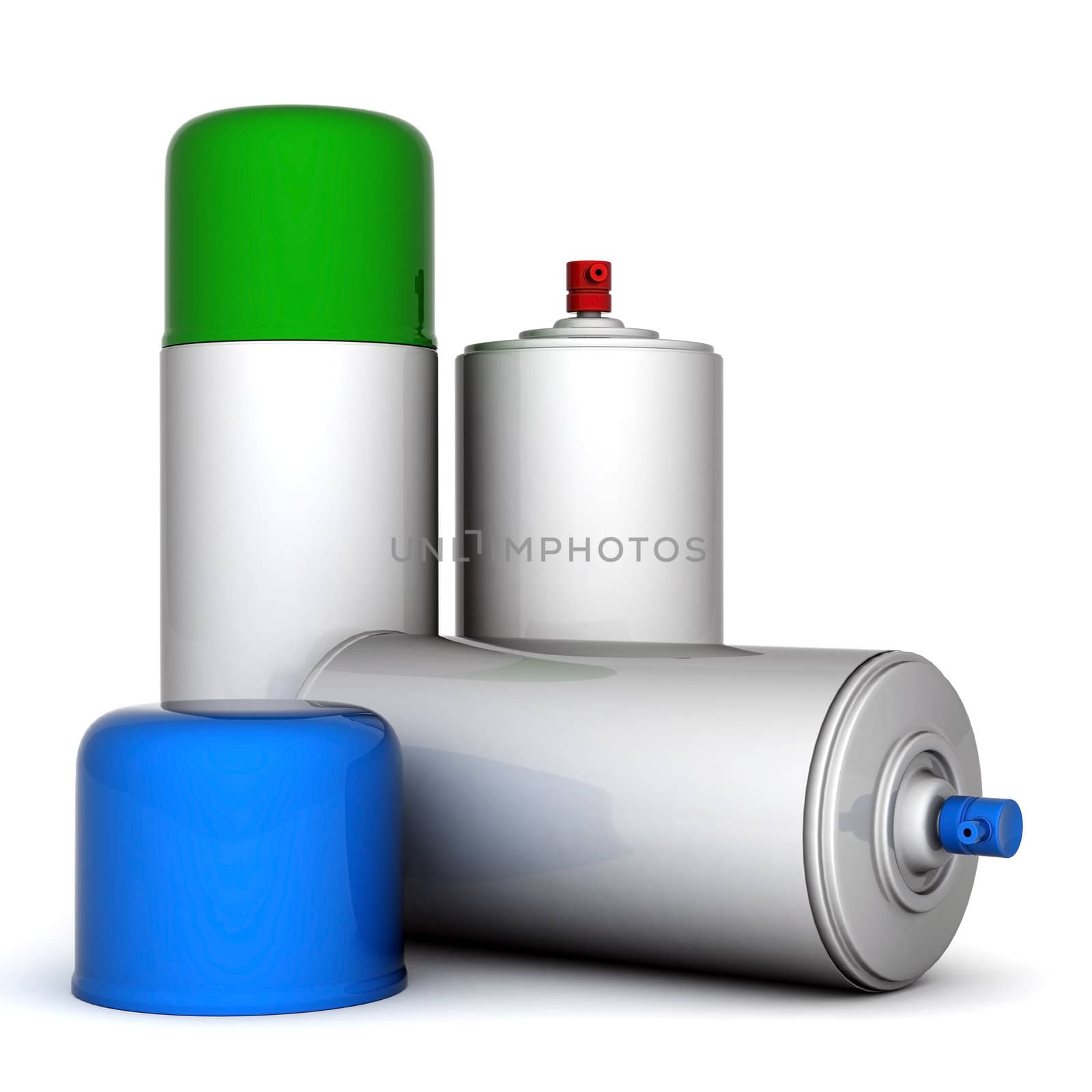 Image of aluminum spray cans of paint on a white background