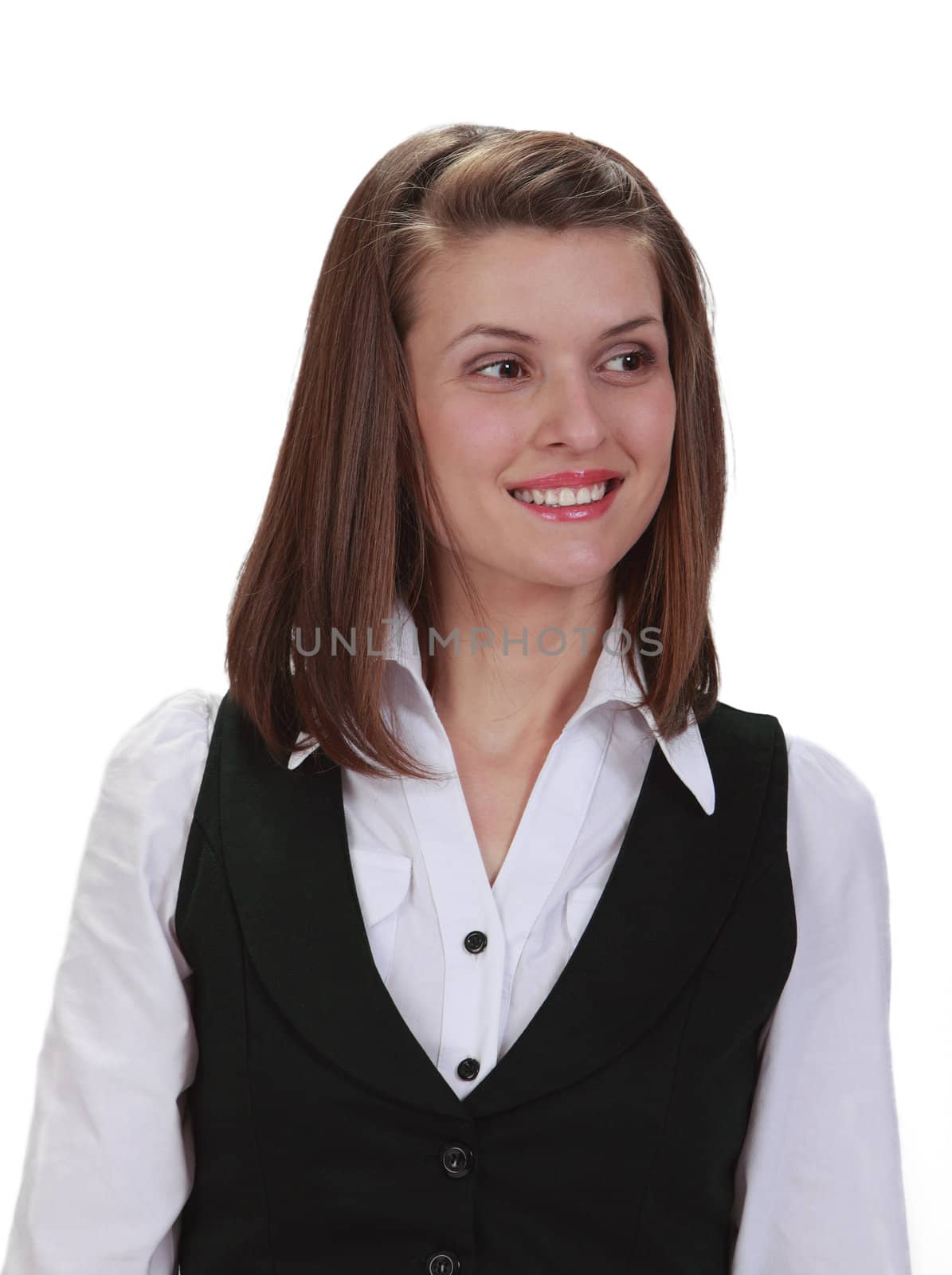 Portrait of a young smilling woman isolated against a white background.