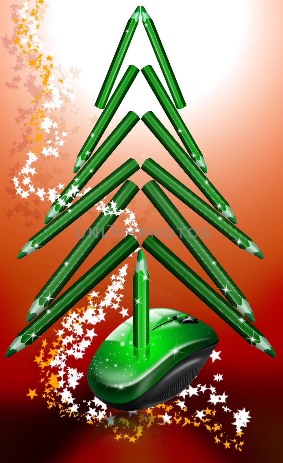 Mouse and pencils forming a green christmas tree on a shaded red background