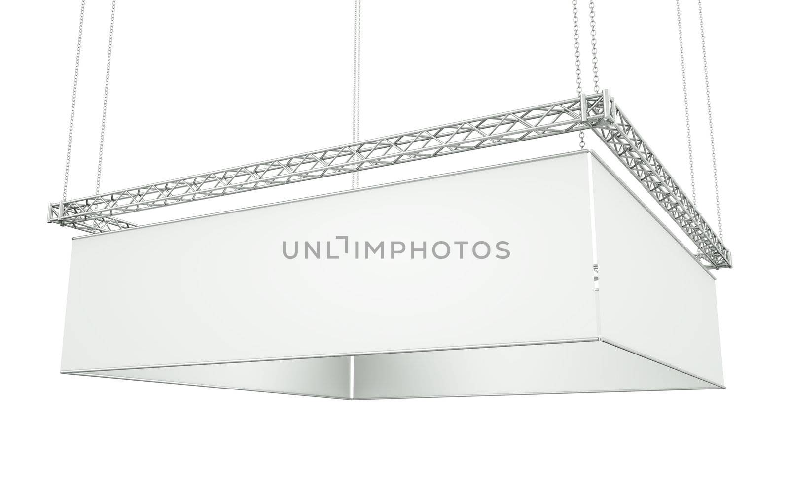 Hanging tradeshow banner isolated against a white background. 3D render.