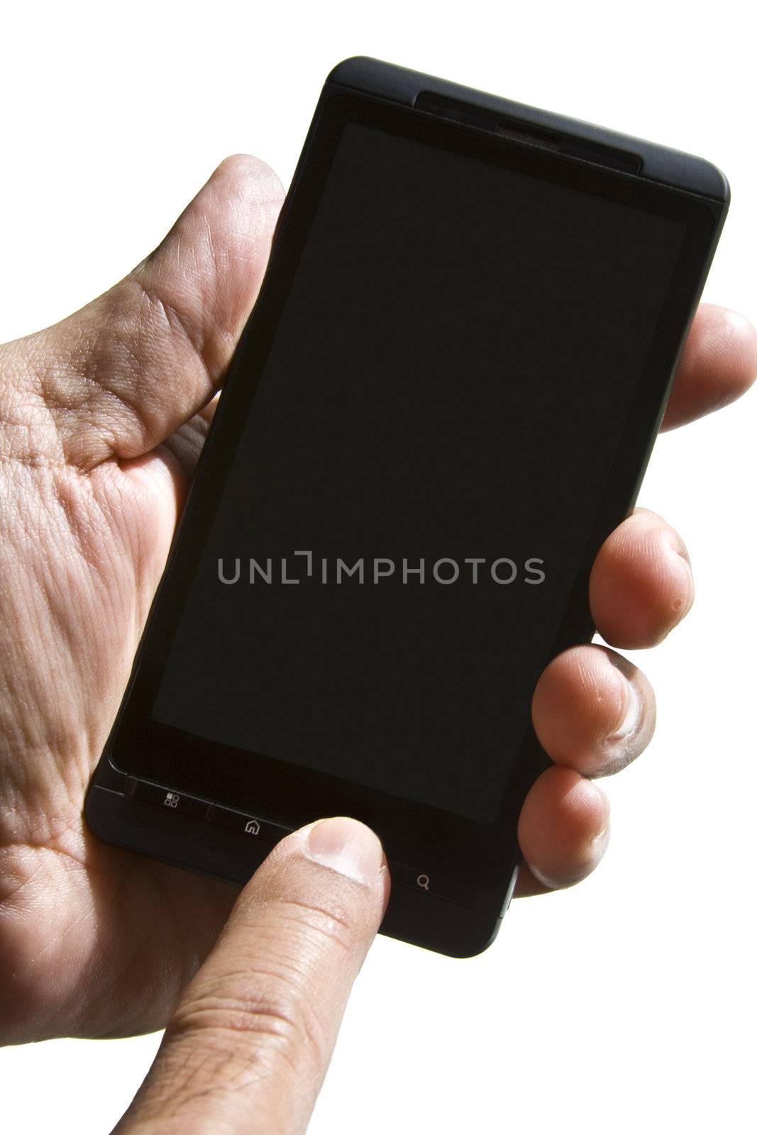 Smartphone operated by two hands on white background