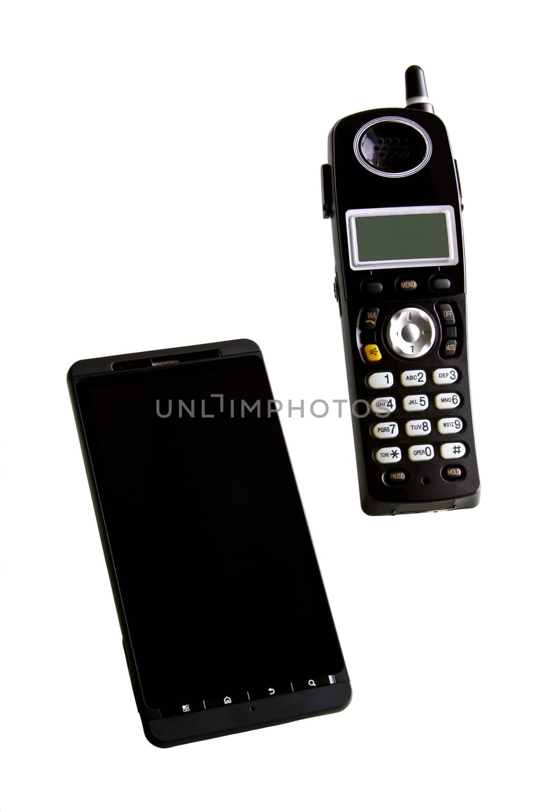 A smartphone with home and office portable phone on white background