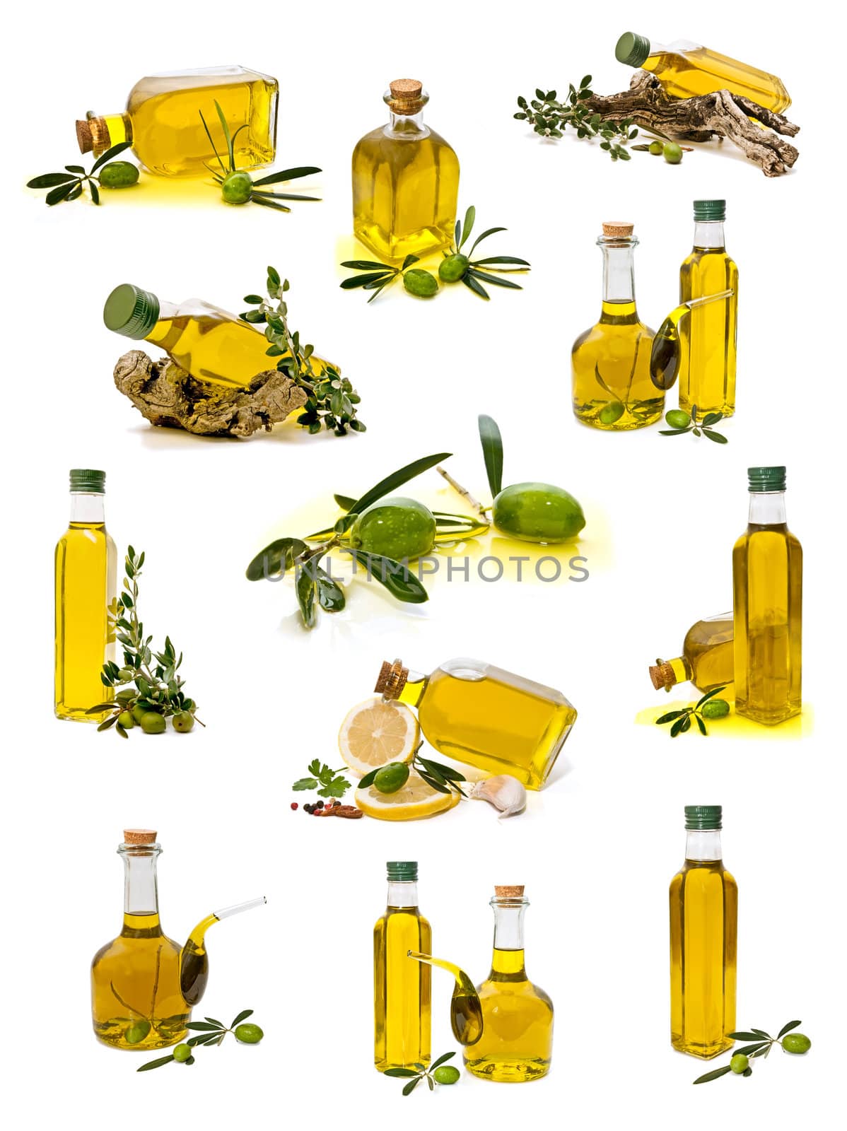 collection of olive oil and olives isolated on white background
