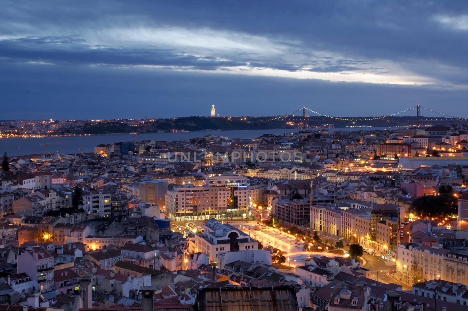 View of Lisbon's downtown  and martim Moniz square with river on the background