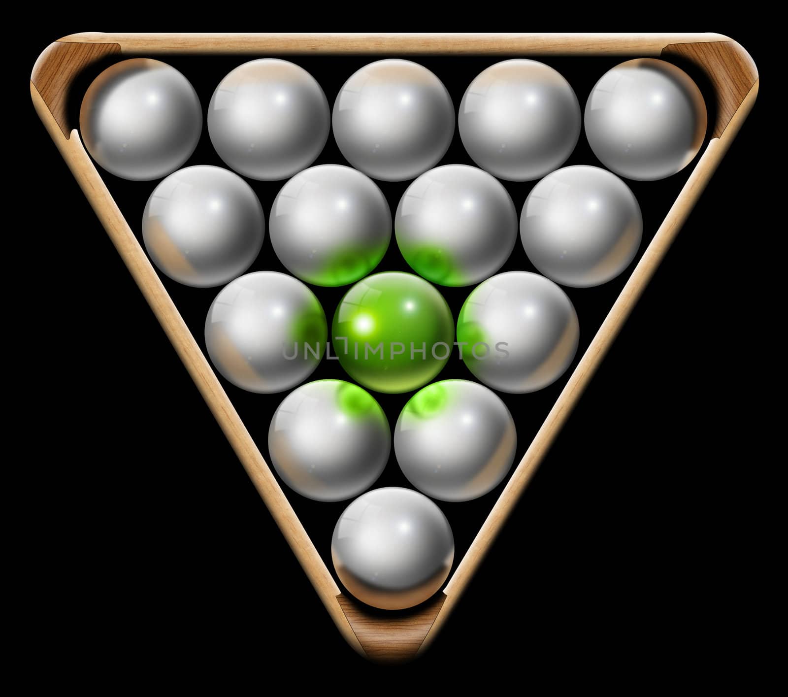 Illustration with triangle and white pool balls and one green, the concept of business or leader