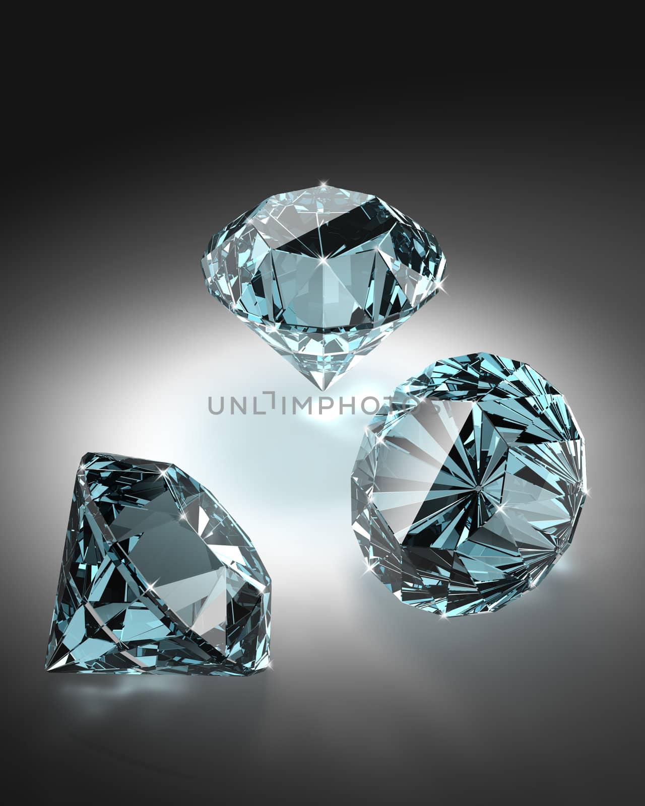 Bright diamonds group on dark background - 3d render image.