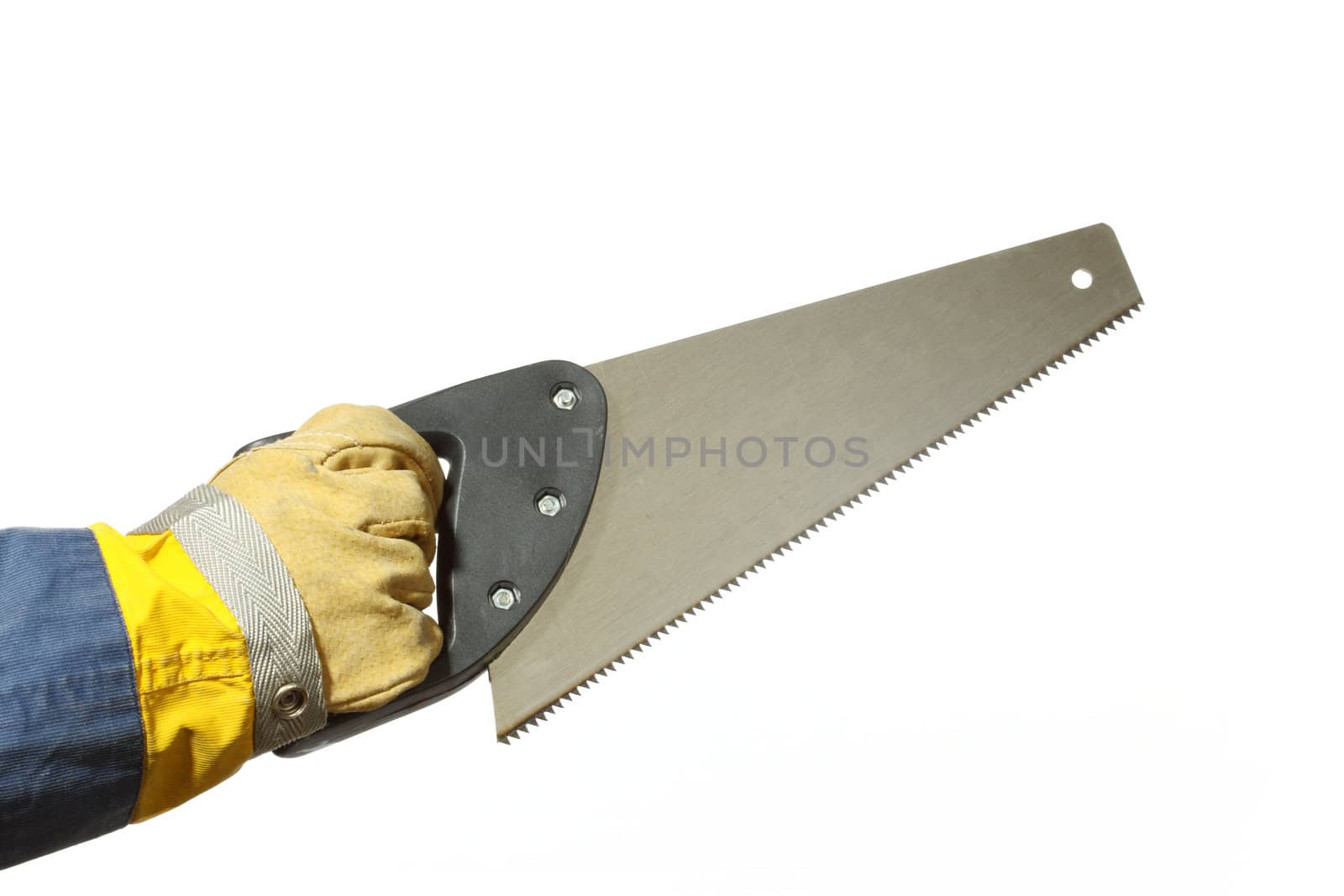 Worker holding a saw over white background