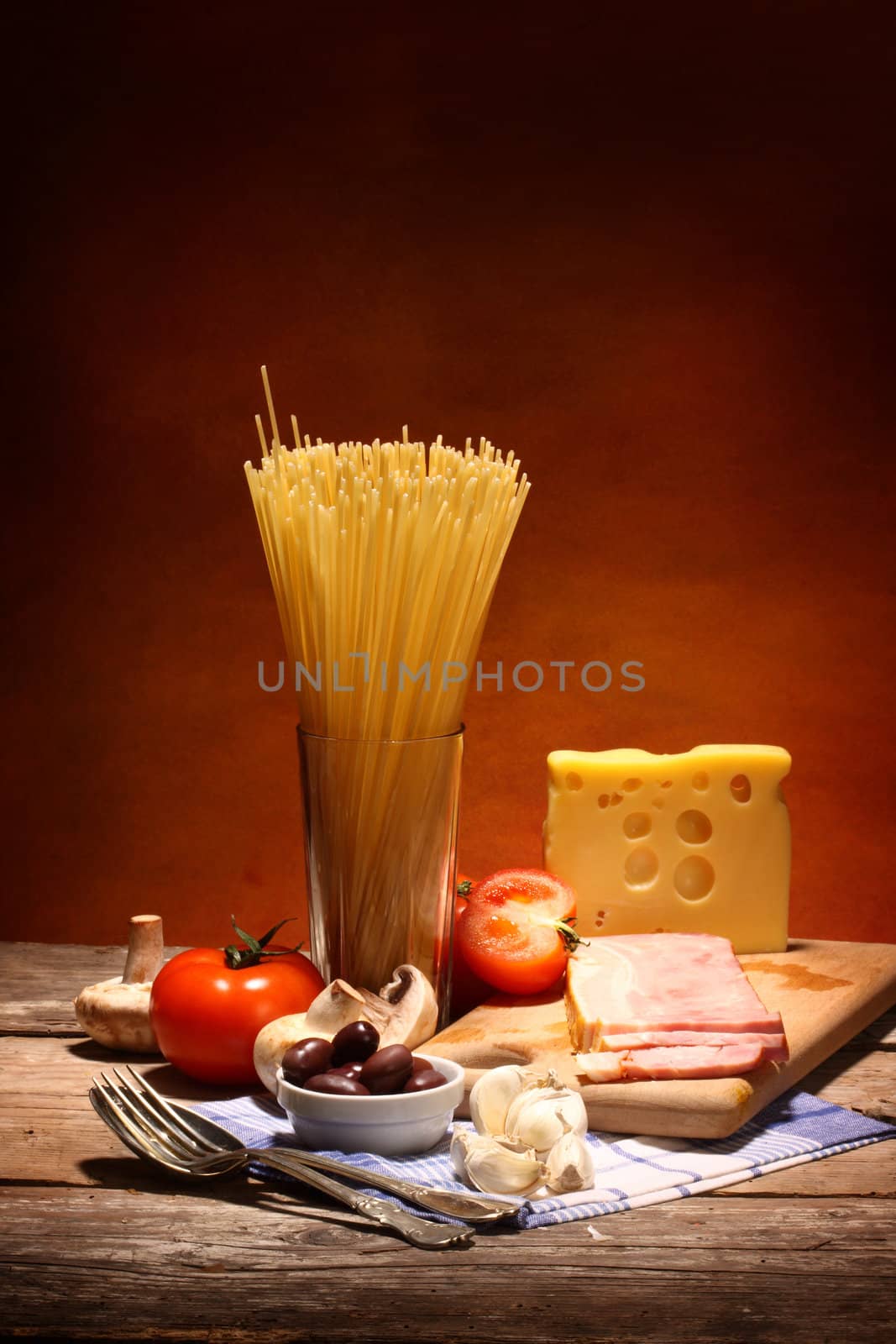 Ingredients for cooking italian pasta close up