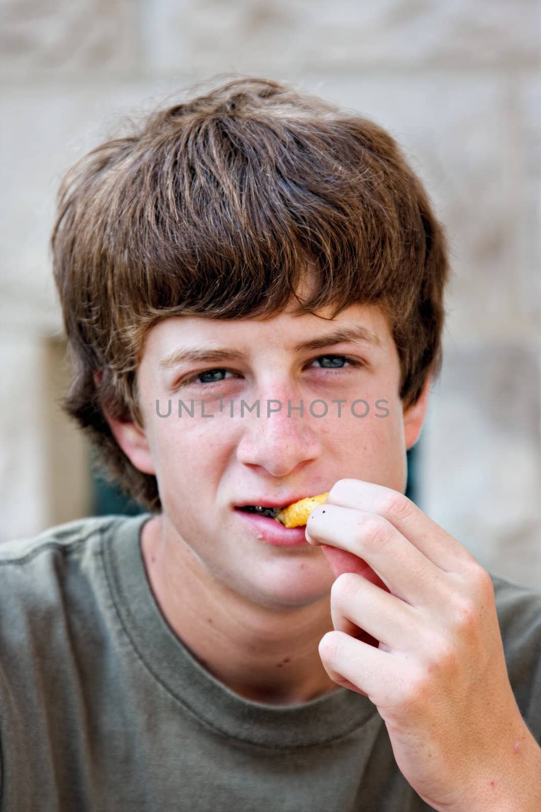 Portrait of a teenage boy eating a french fry