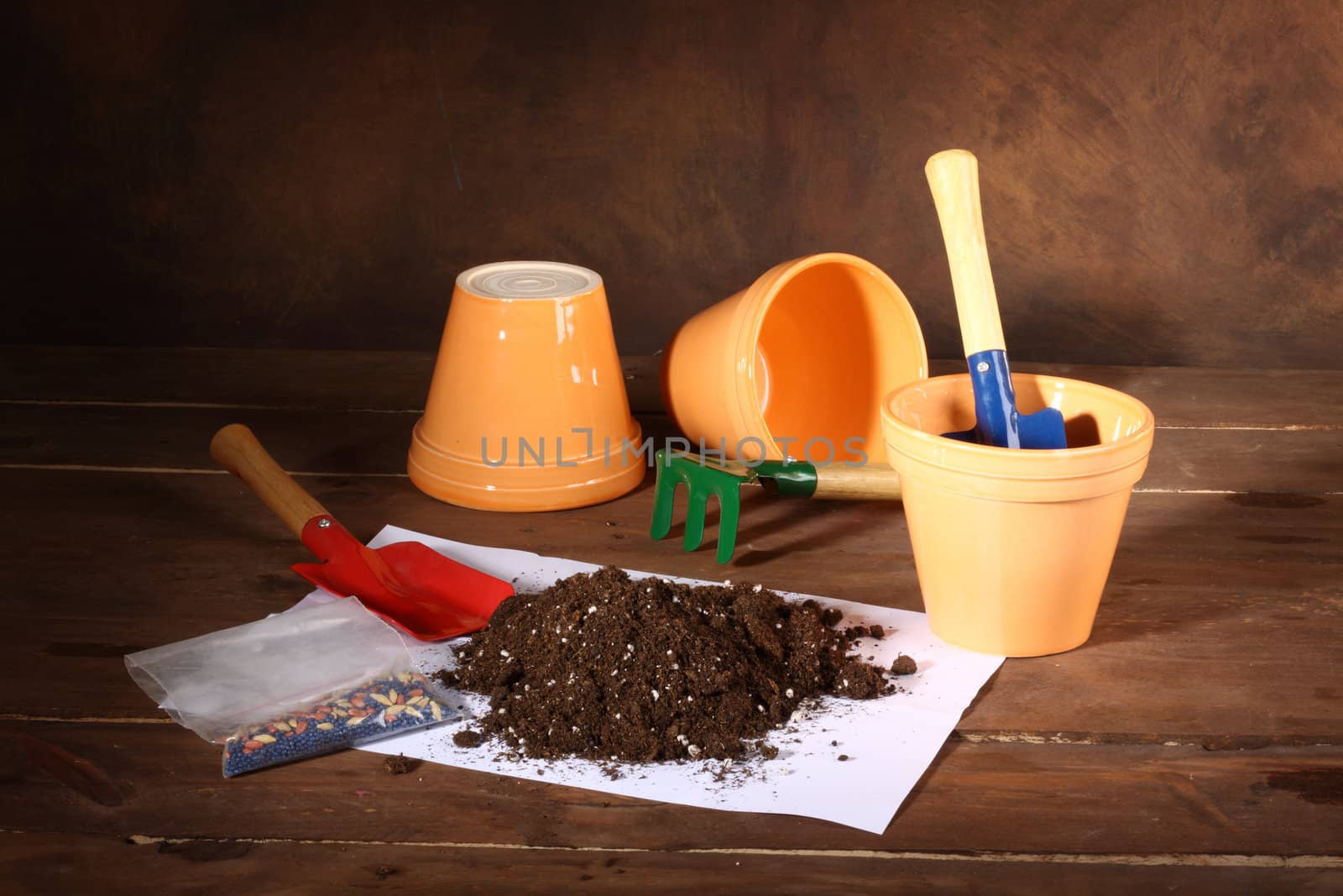  Set of gardening tools and pots