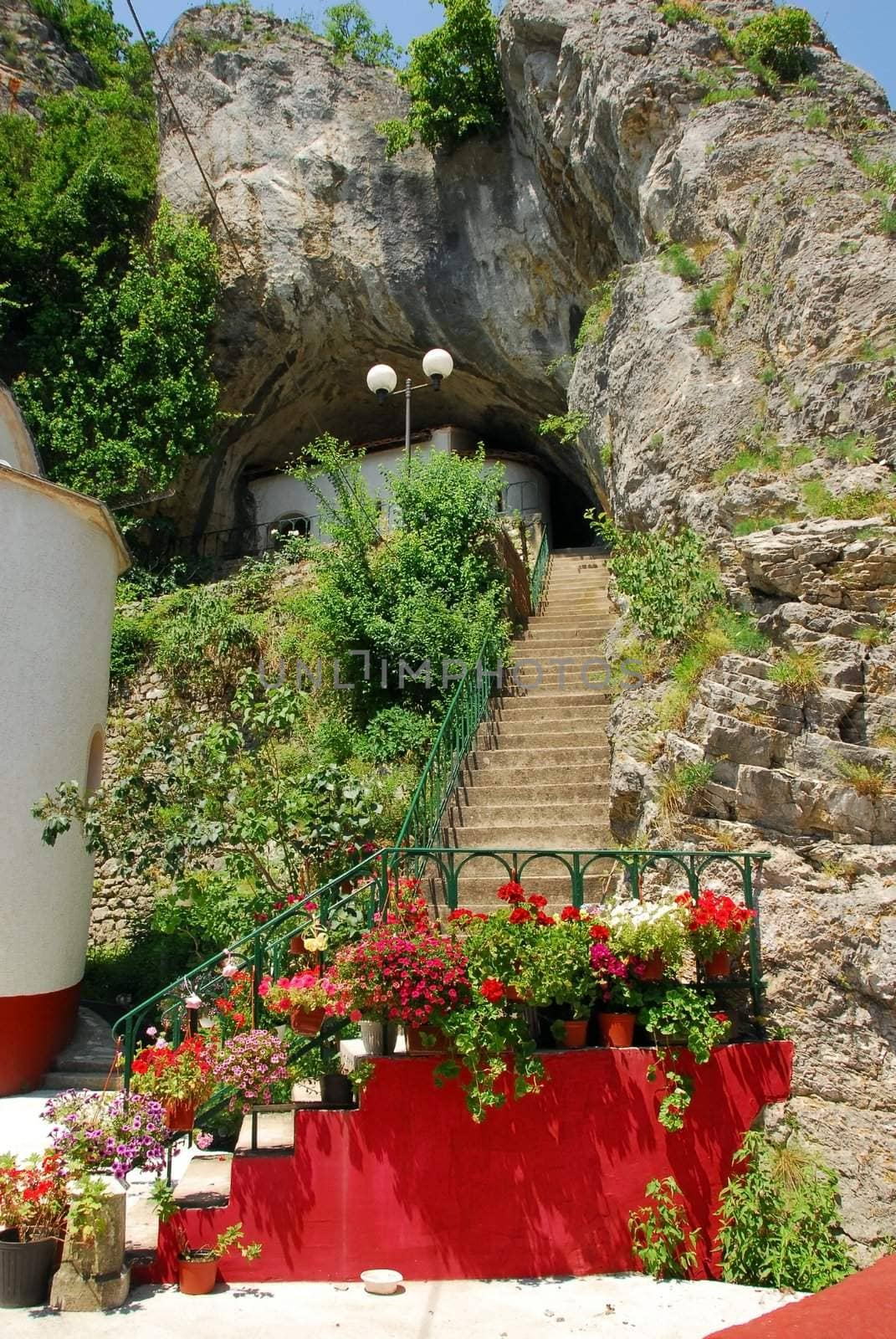 stone stairs into cave in old orthodox Gornjak Monastery in Serbia