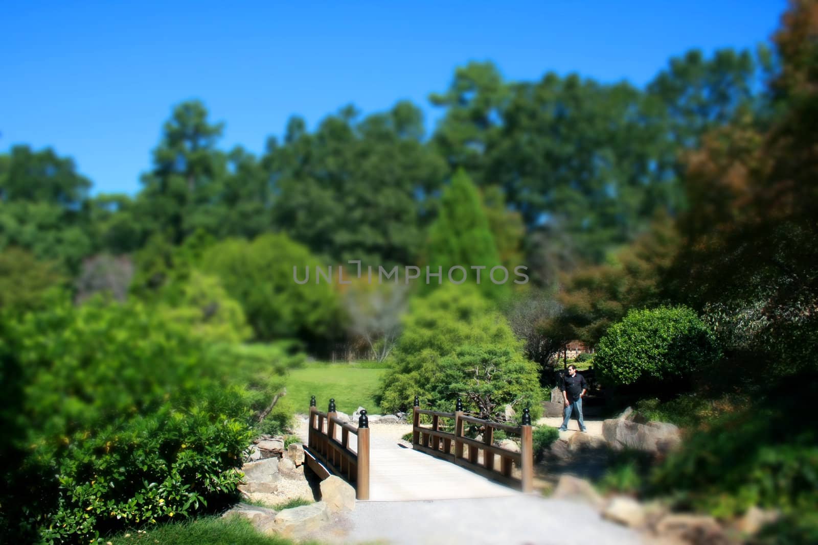 A Tilt Shift image of a man near a bridge