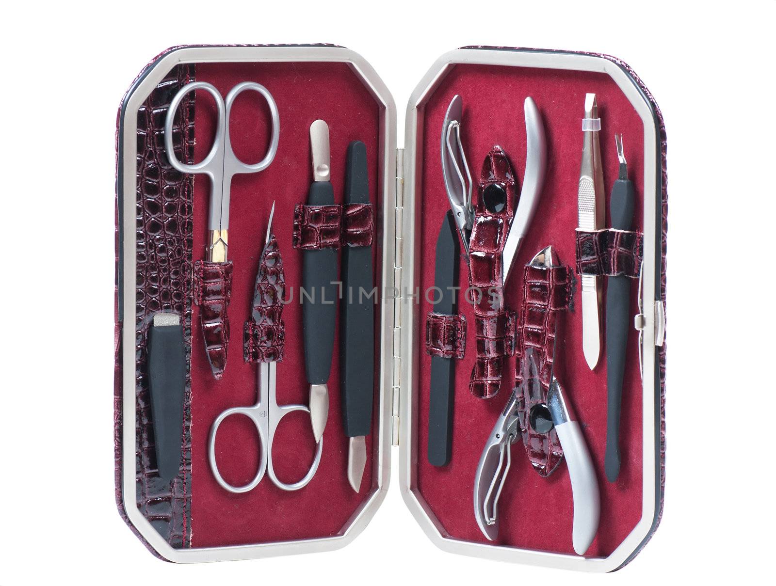 Leather box with manicure set isolated over white