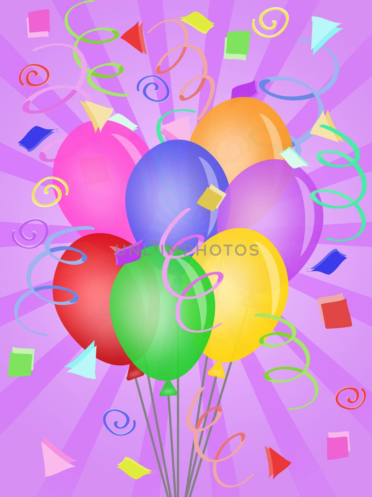 Balloons with Confetti Rays Background for Birthday Party Illustration