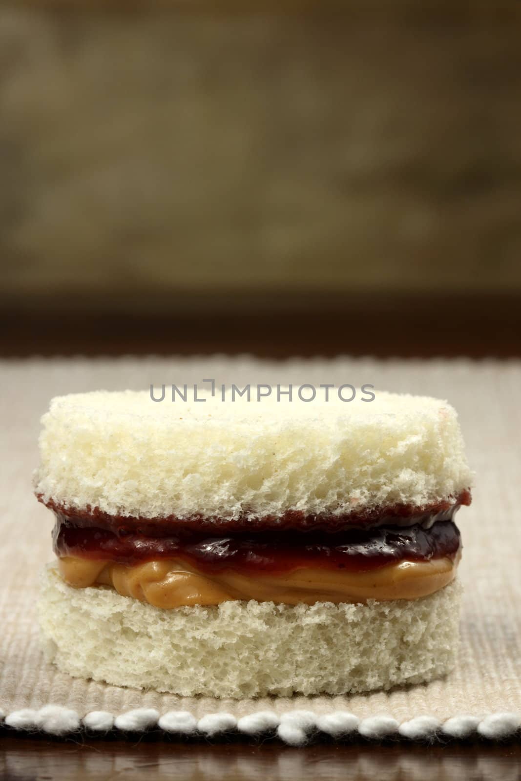 fancy and yet simple  peanut butter and jelly sandwich with old leather background  