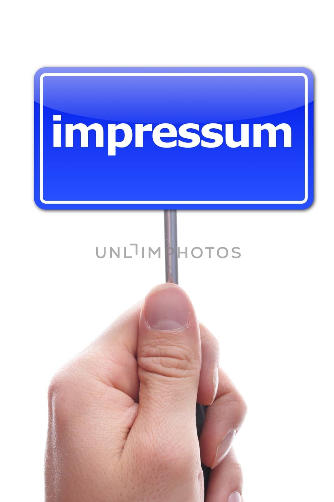 impressum concept with hand word and paper
