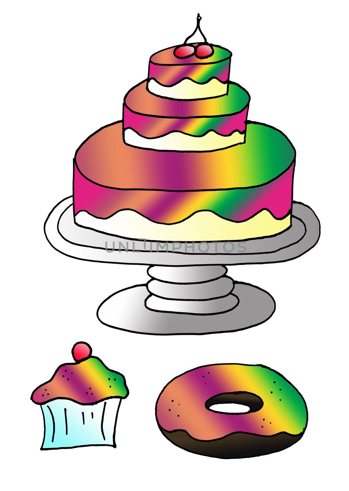 An illustration of a cupcake, a cake, and a donut made for colorful clip art with a white background.