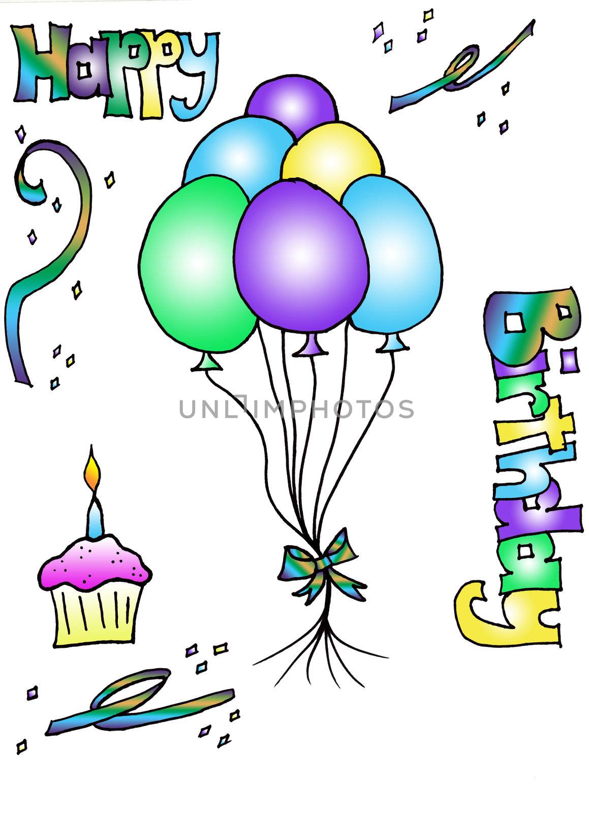 Colorful Balloons, cupcake and the words happy birthday spelled out with illustration on a white backgroundand colored in photoshop.