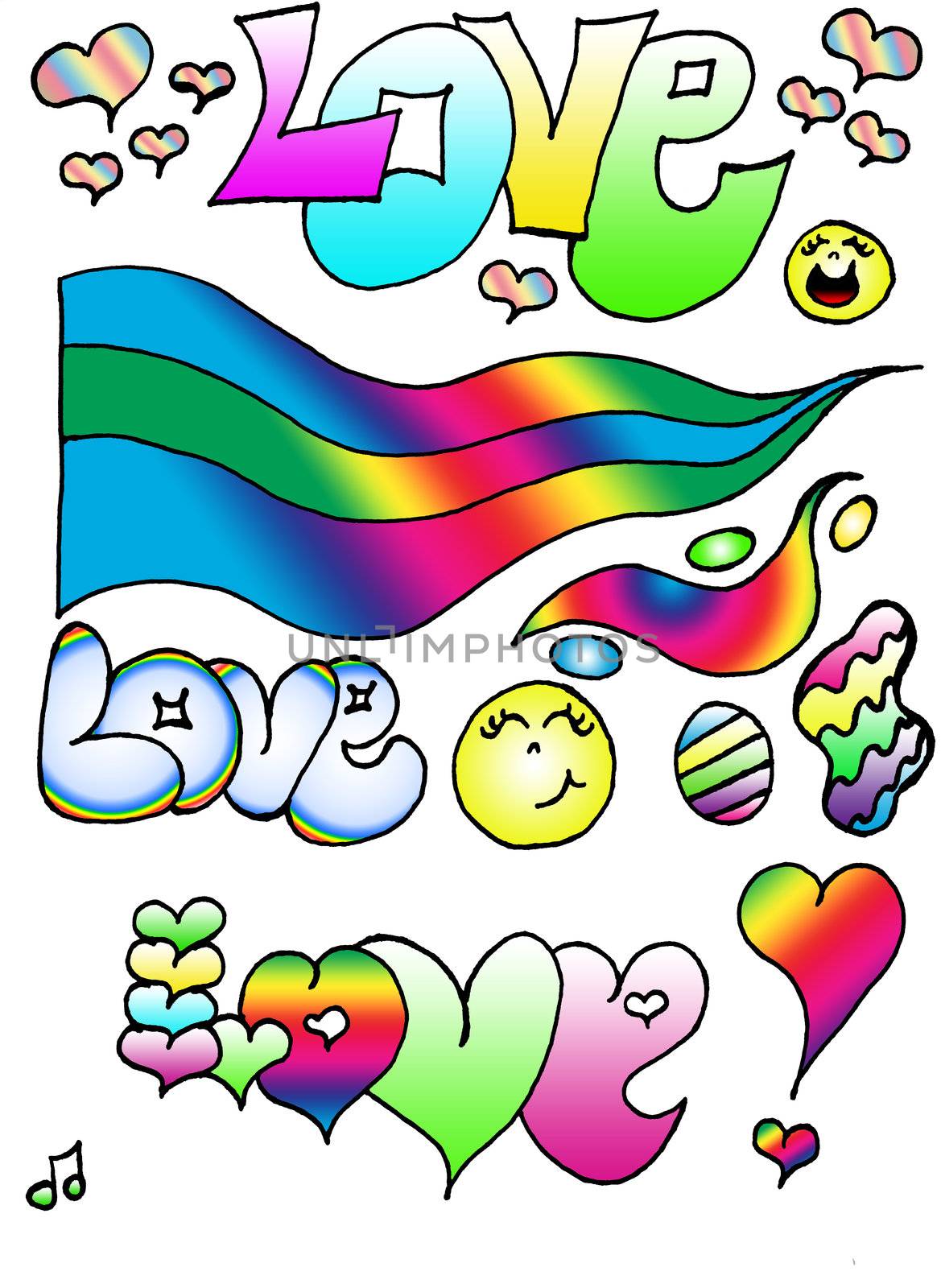 Love illustrated with other fun designes in bright colors and smiley faces.