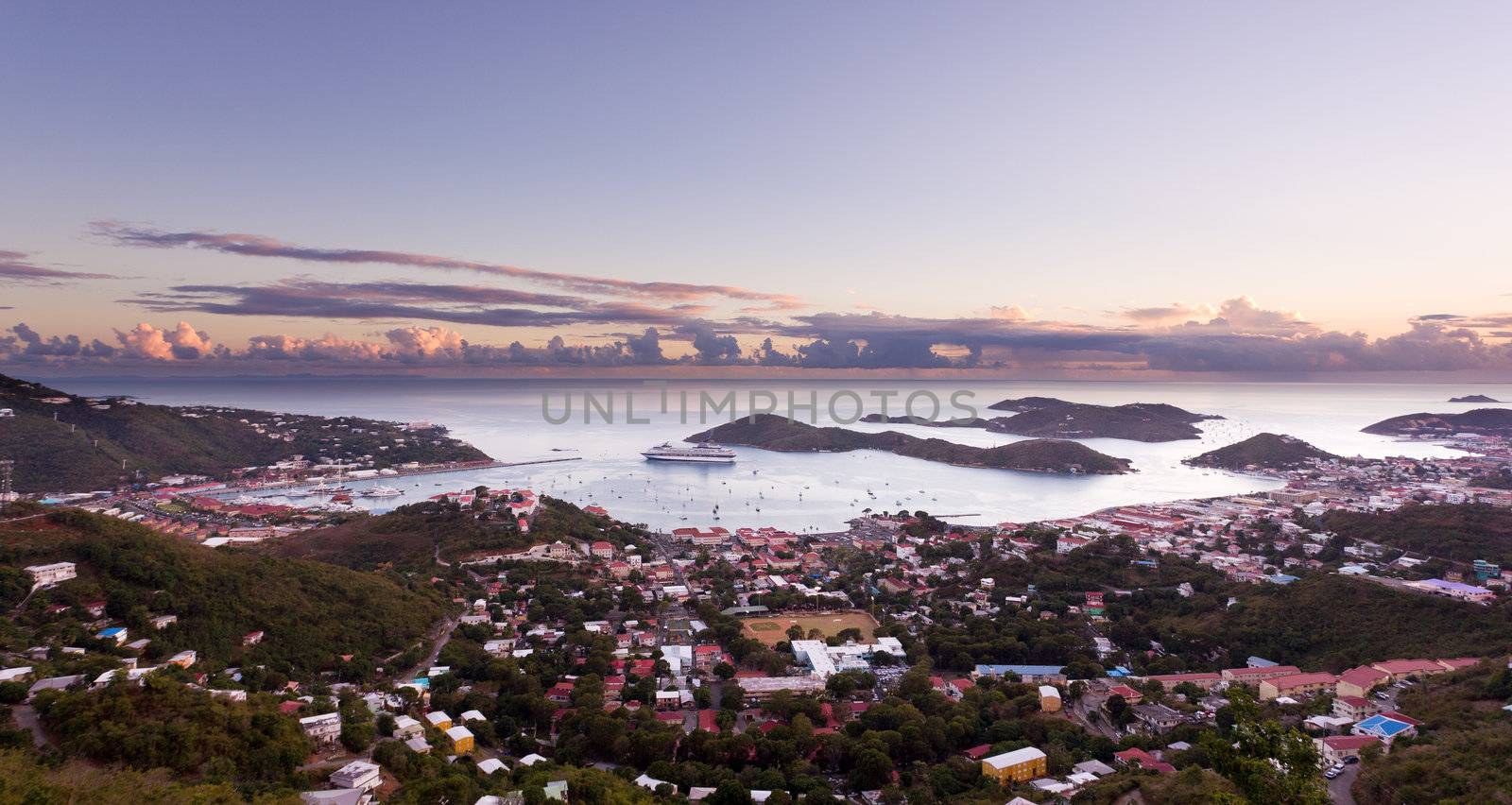 Aerial view of Charlotte Amalie Harbour in St Thomas at sunset