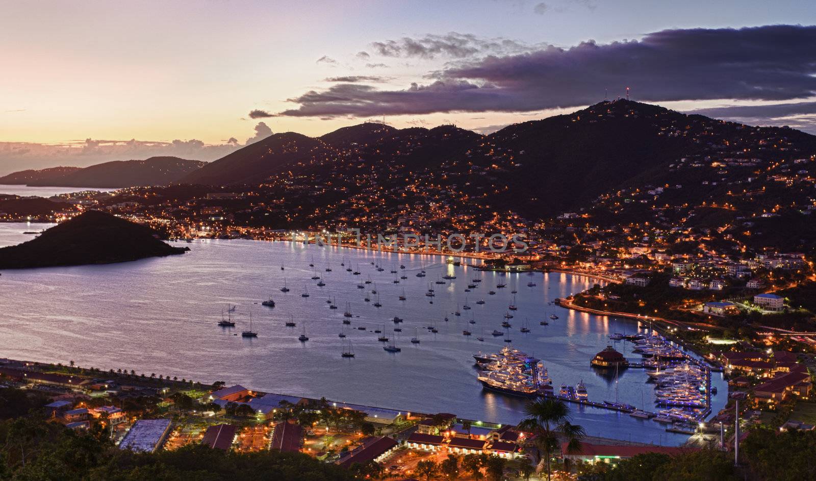 Aerial view of Charlotte Amalie Harbour in St Thomas at sunset