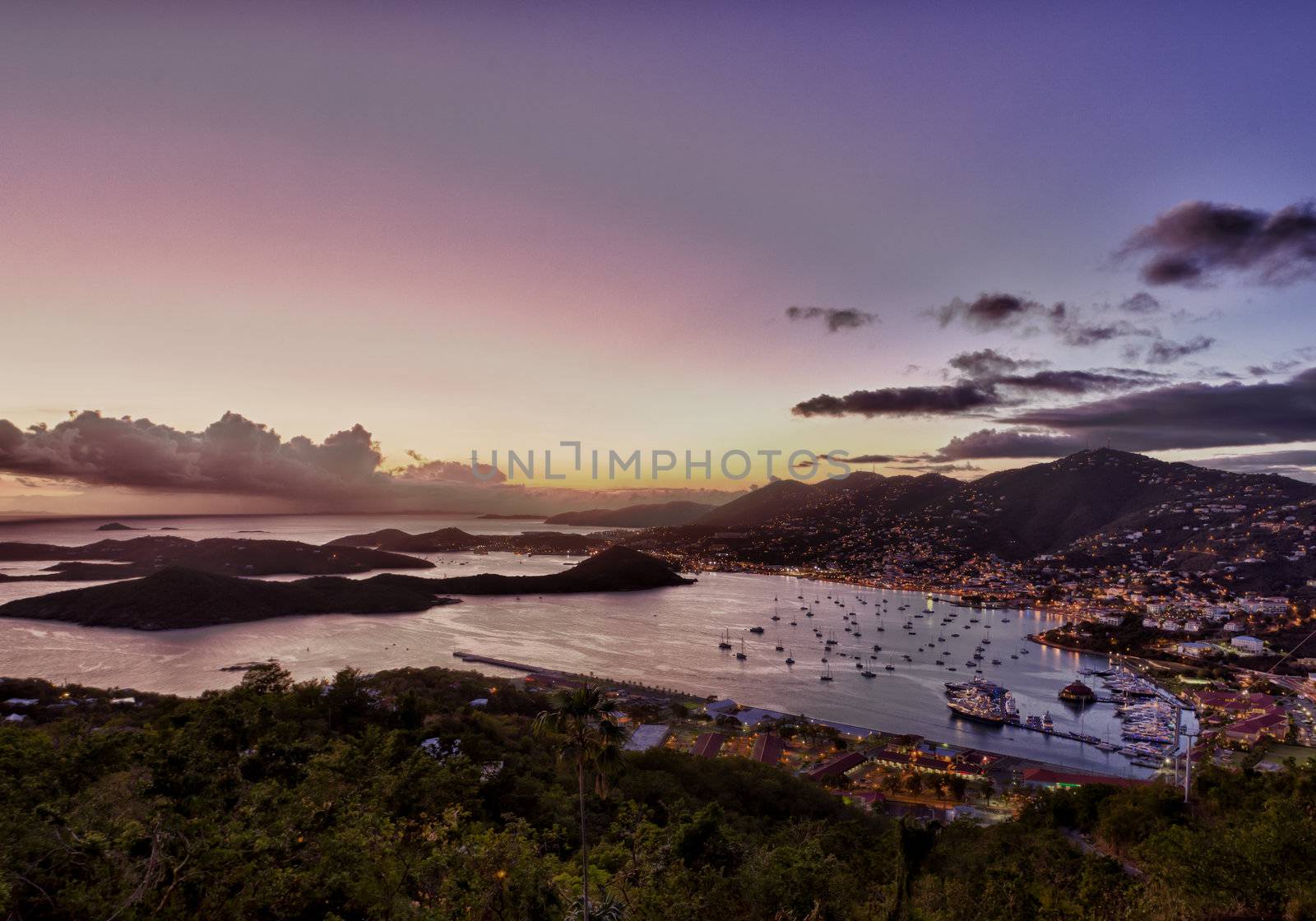 Aerial view of Charlotte Amalie Harbour in St Thomas at sunset