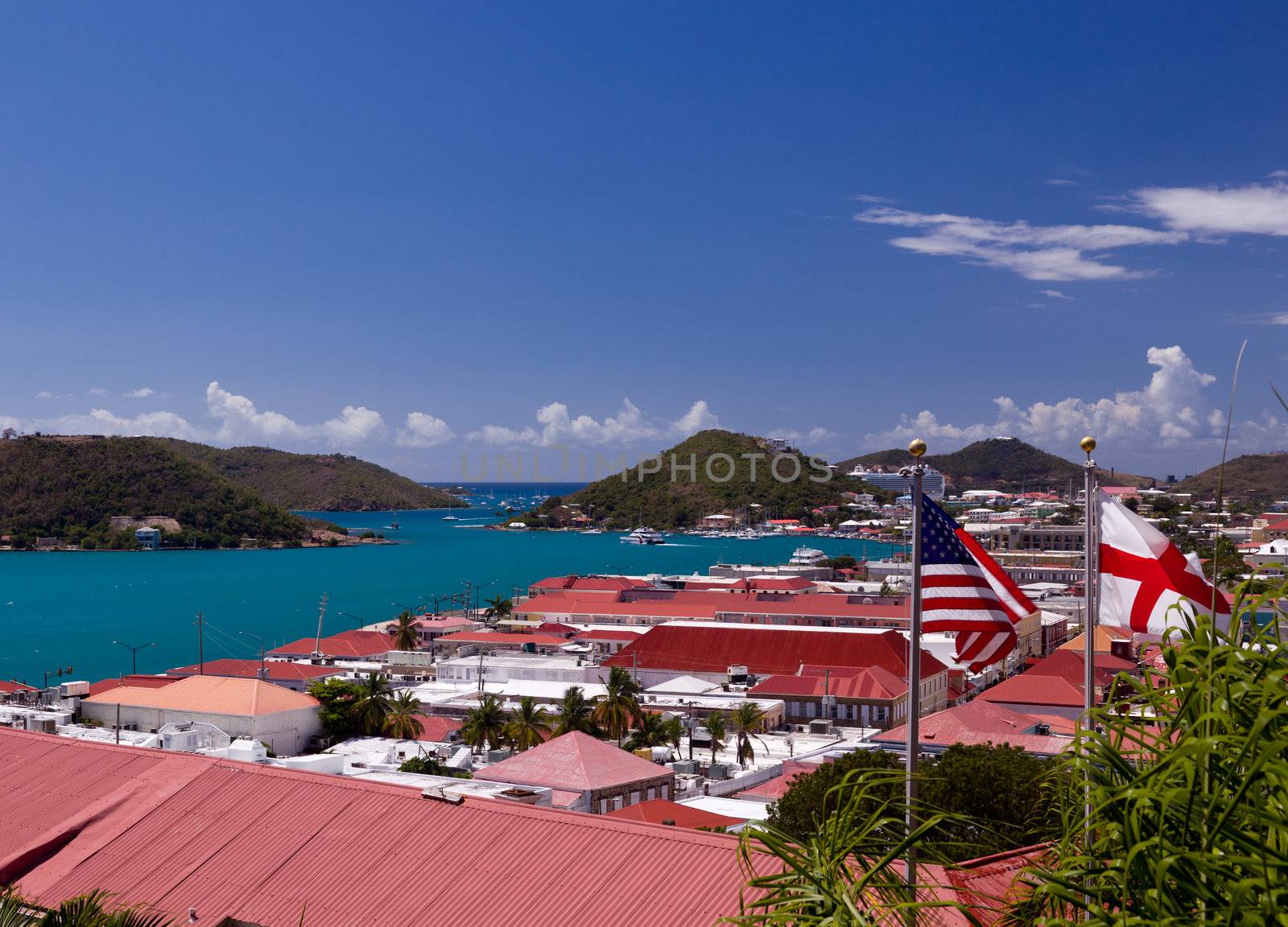 Aerial view of Charlotte Amalie Harbour in St Thomas in summer