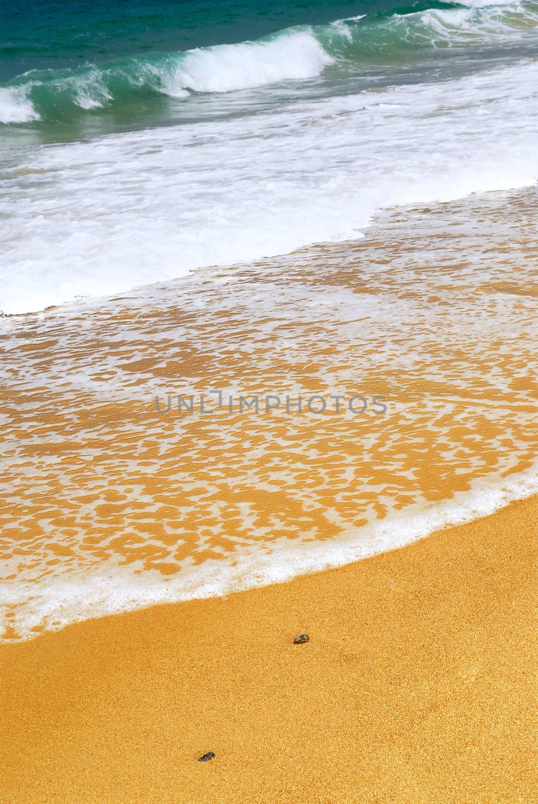 Ocean wave advancing on a yellow sandy beach