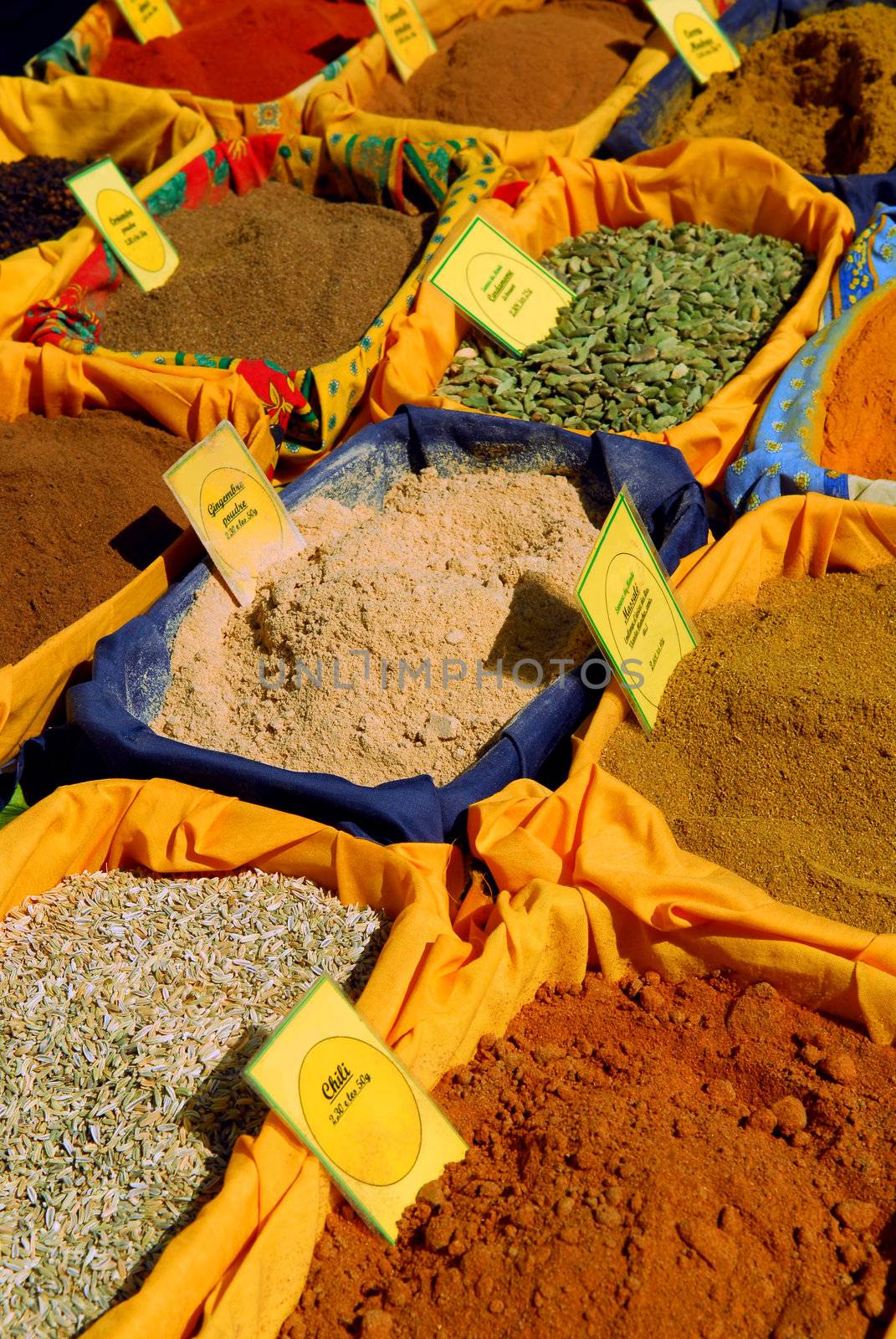 Assorted spices for sale on french farmers market in Perigueux, France