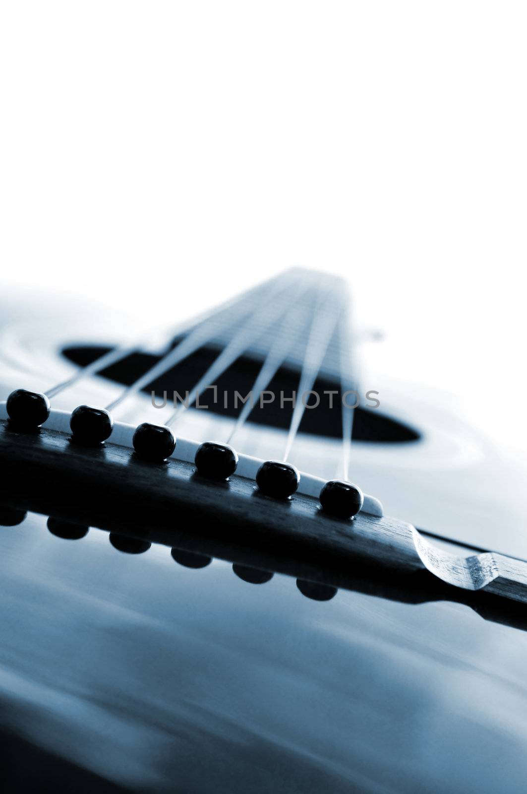Acoustic guitar close up on white background