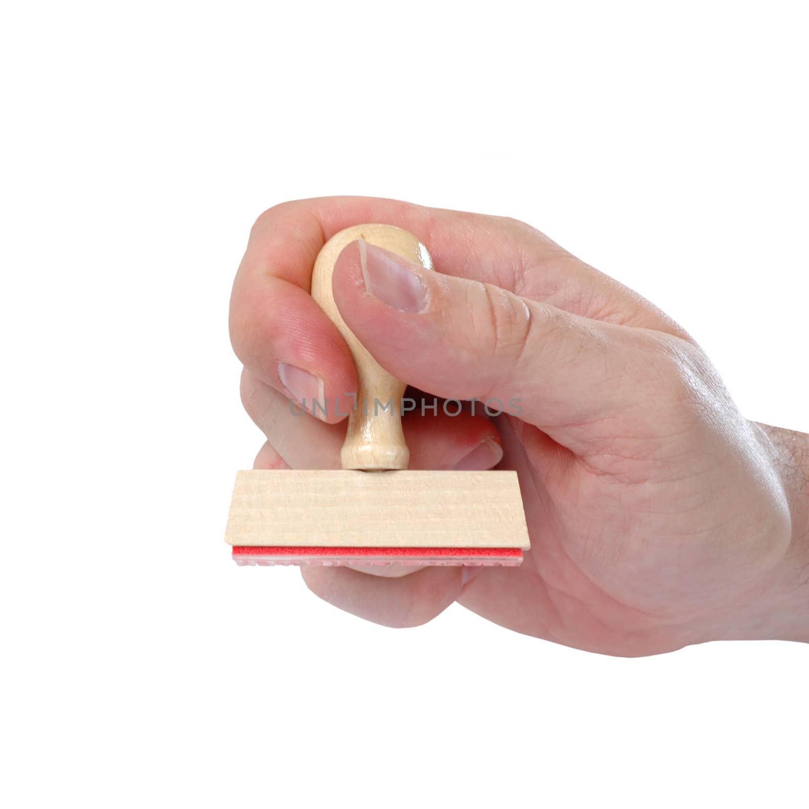 Hand with stamp on a white background