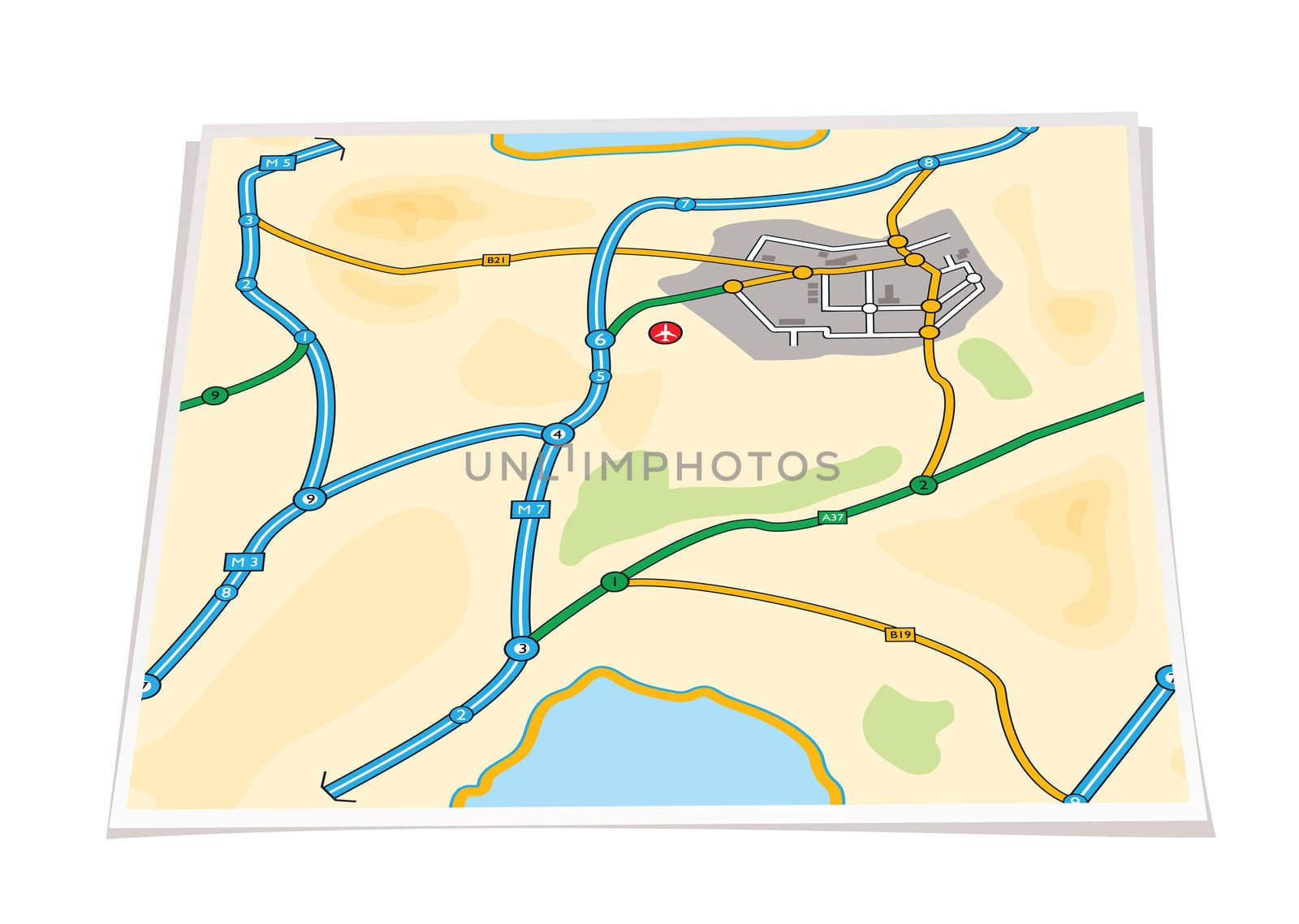 Illustrated paper city map with roads airport and guide