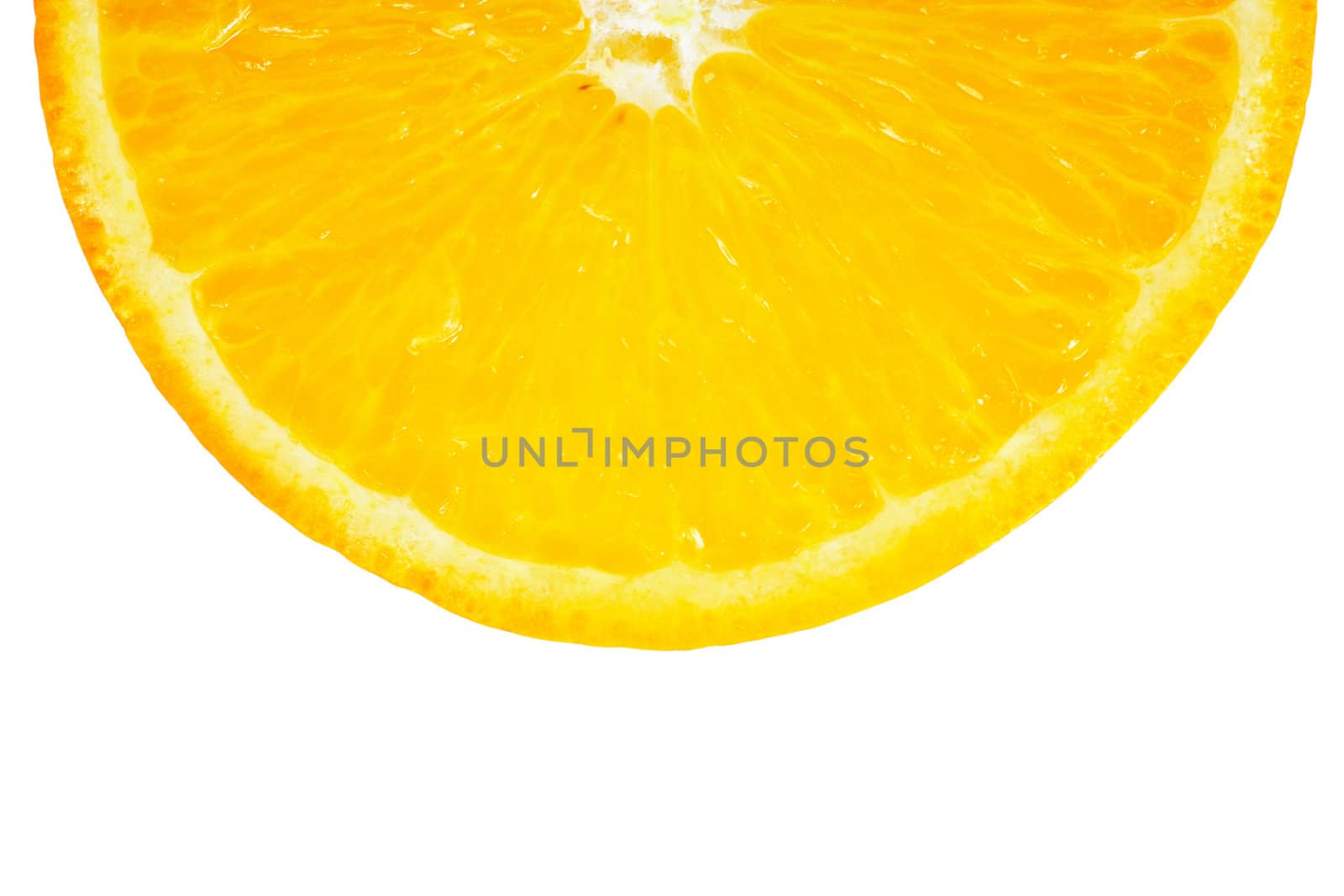 Section of orange isolated over white. Closeup view.