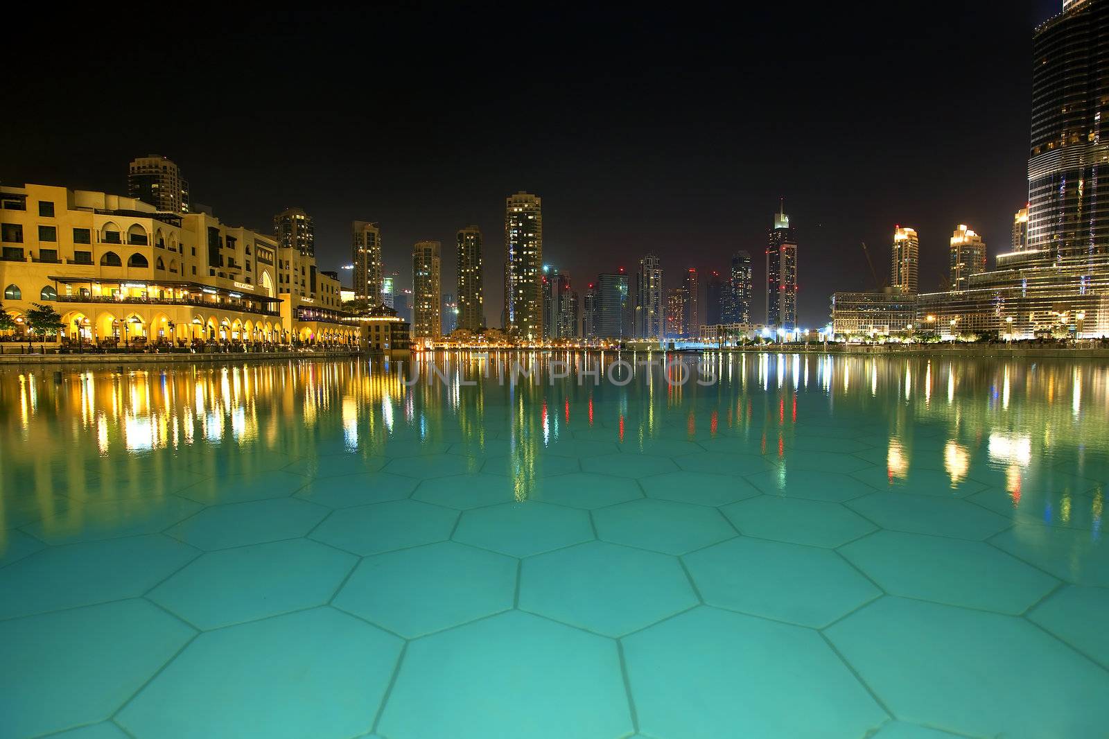 Nightscene of the Burj Khalifa surroundings in Dubai