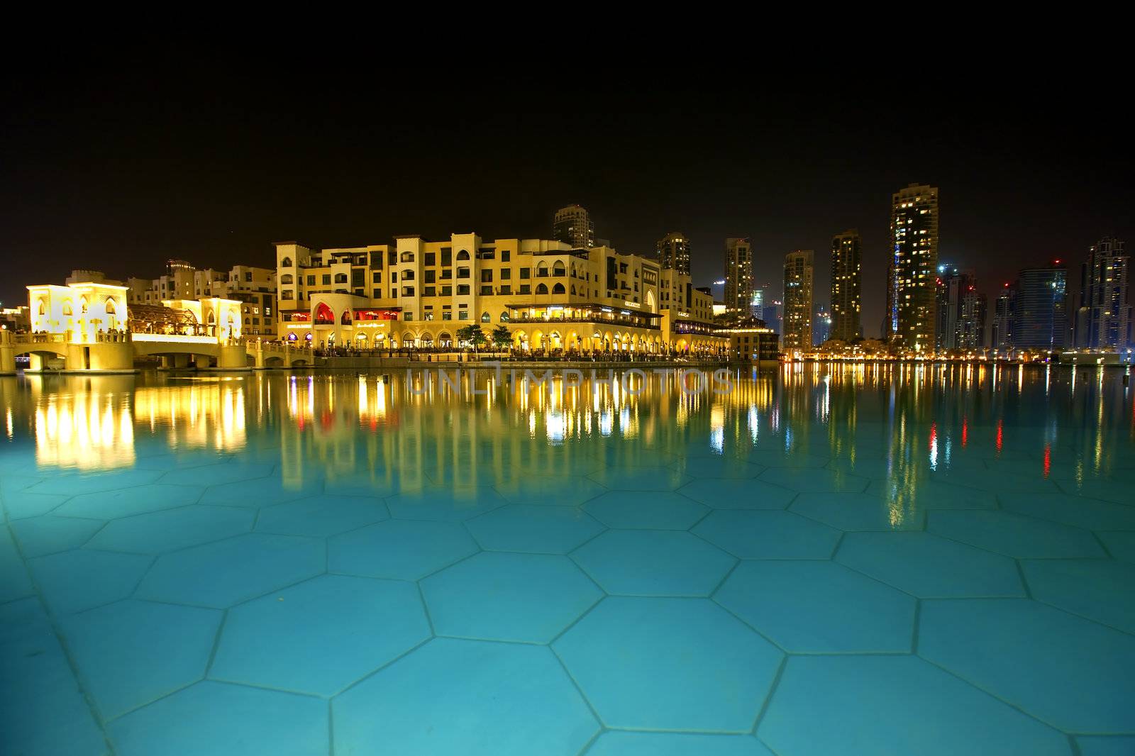 Nightscene of the Burj Khalifa surroundings in Dubai