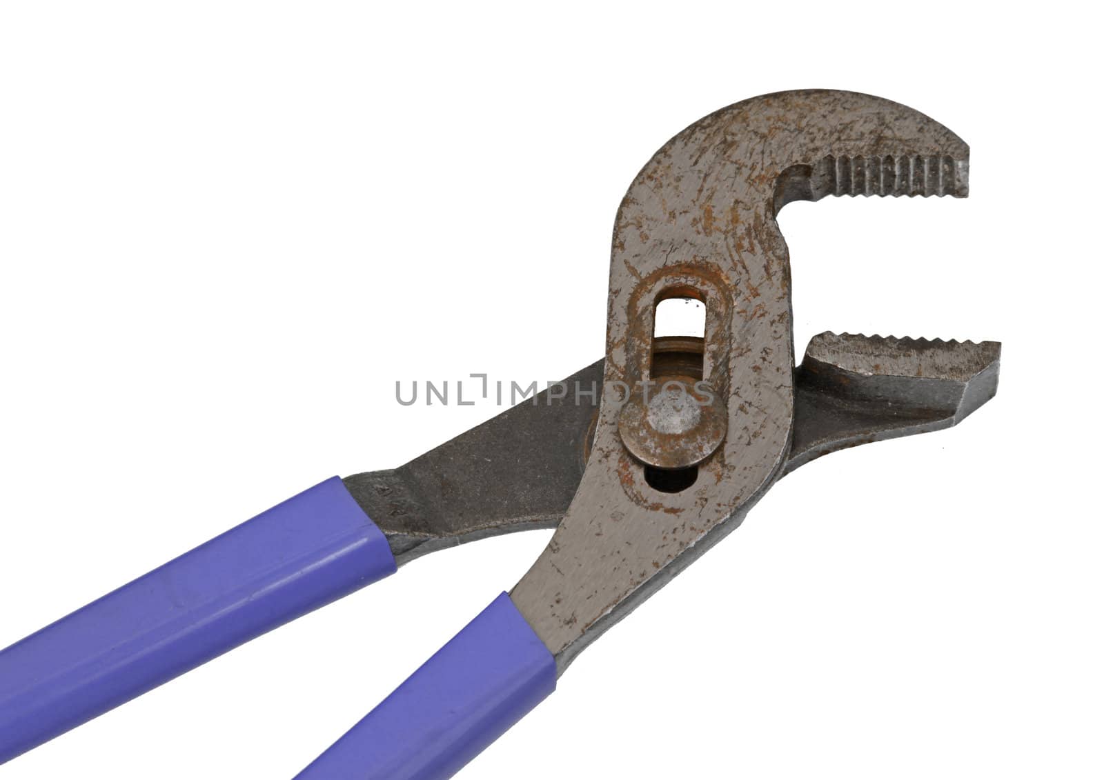 Old adjustable wrench on a plain white background.