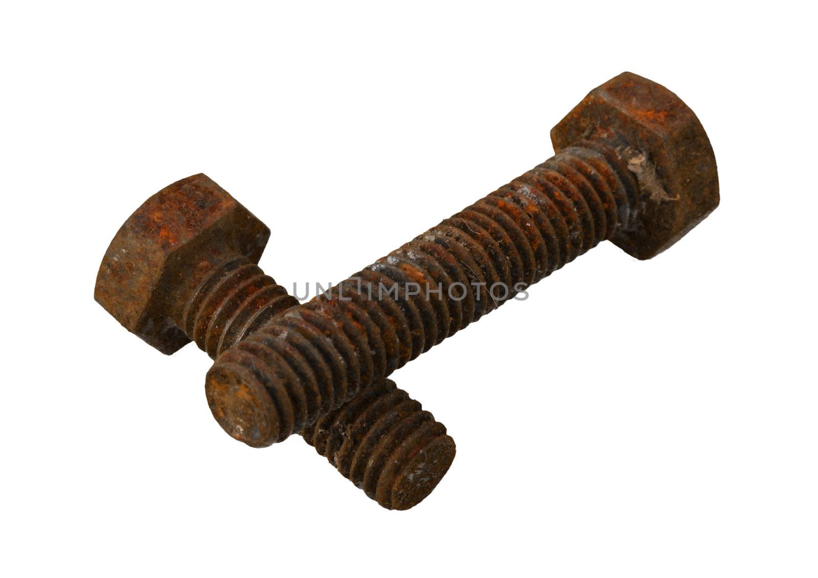 Rusty bolts on a plain white background.