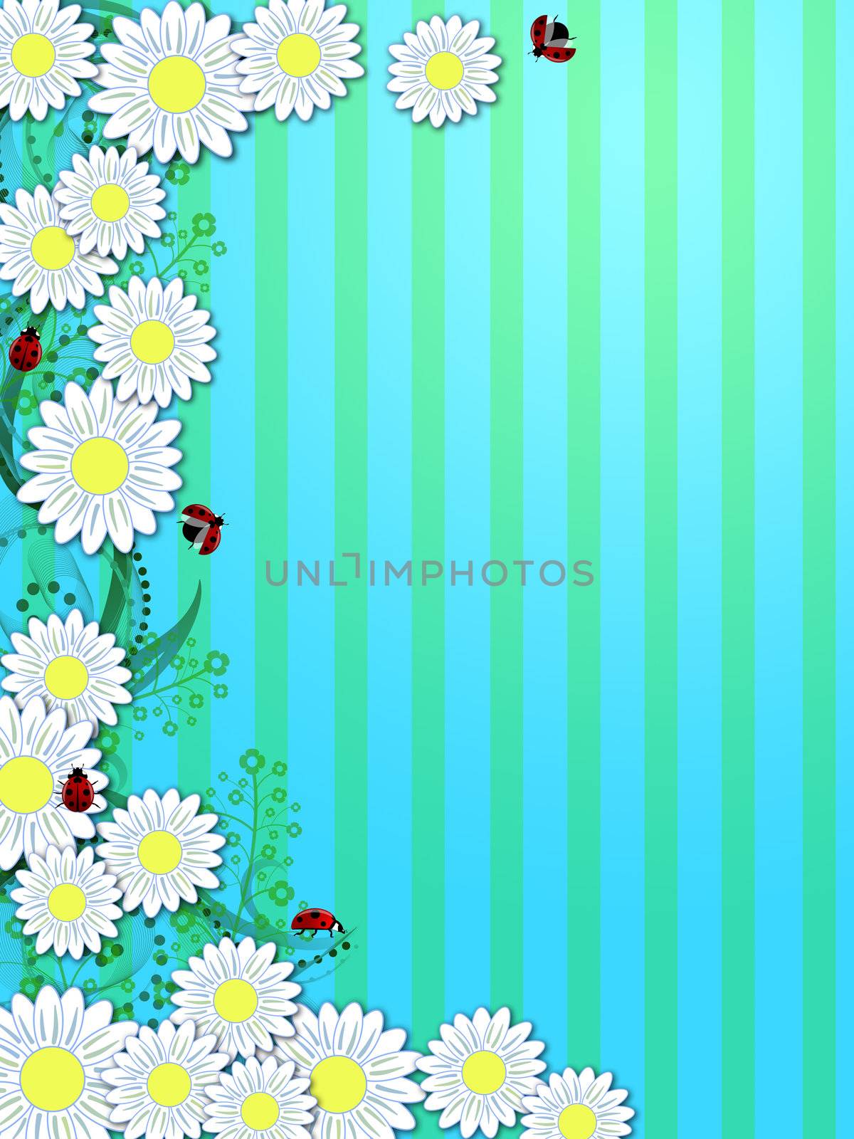 Spring Time Daisies Ladybugs Foliage Scrolls Vertical Background Illustration