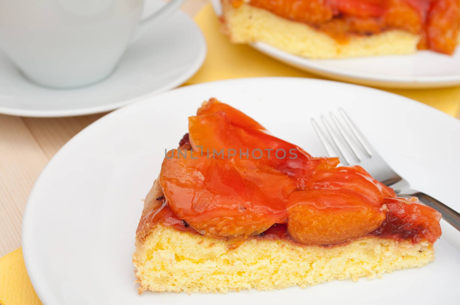 Homemade Dessert -  Cake With Apricots and Jelly and Espresso Coffee