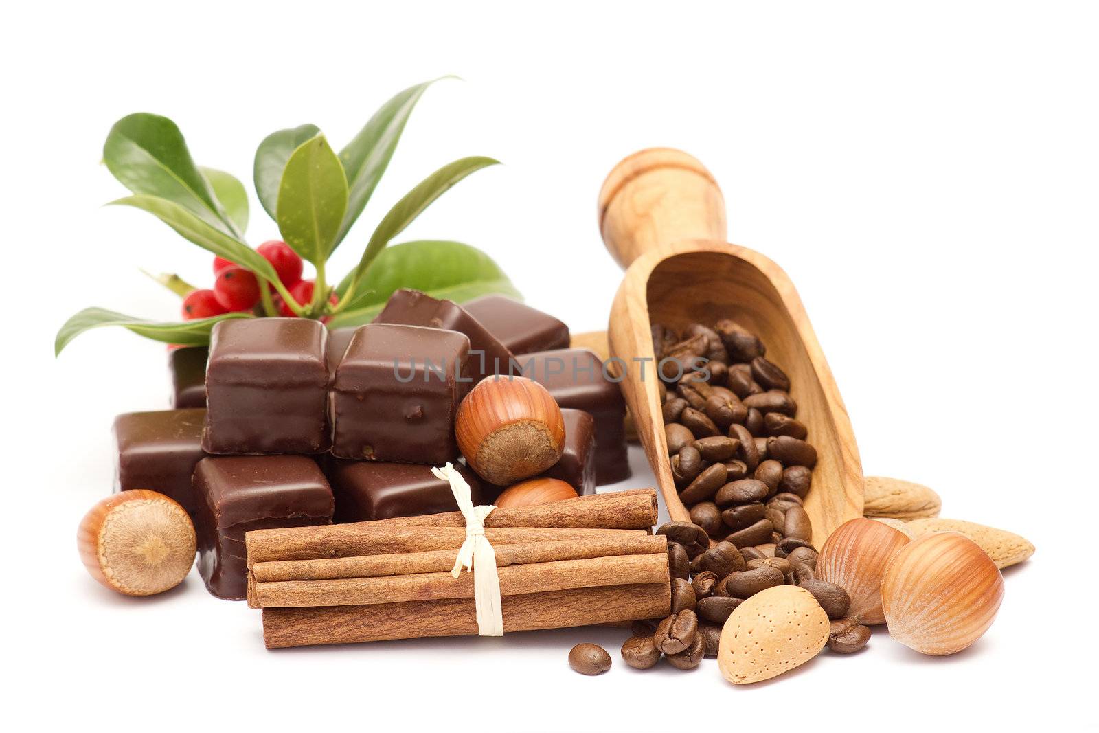 chocolate, cinnamon, hazelnuts, coffee beans