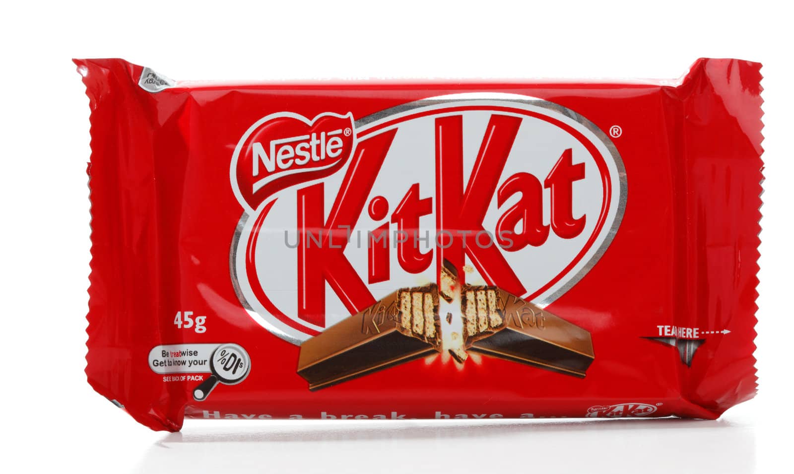 Nestle Kit Kat chocolate coated cream filled wafer snack.  45g  980kj    First created by Rowntree's of York, England, and now produced worldwide by Nestlé since 1988.  In the United States it is made under licence by Hershey Company.