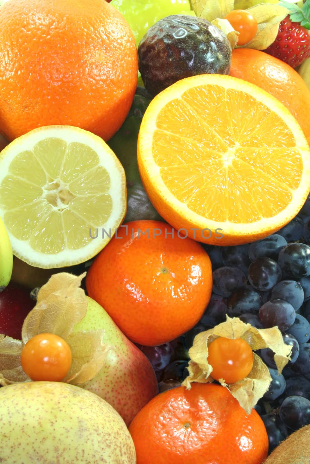 Mix of native and exotic fruits on a white background