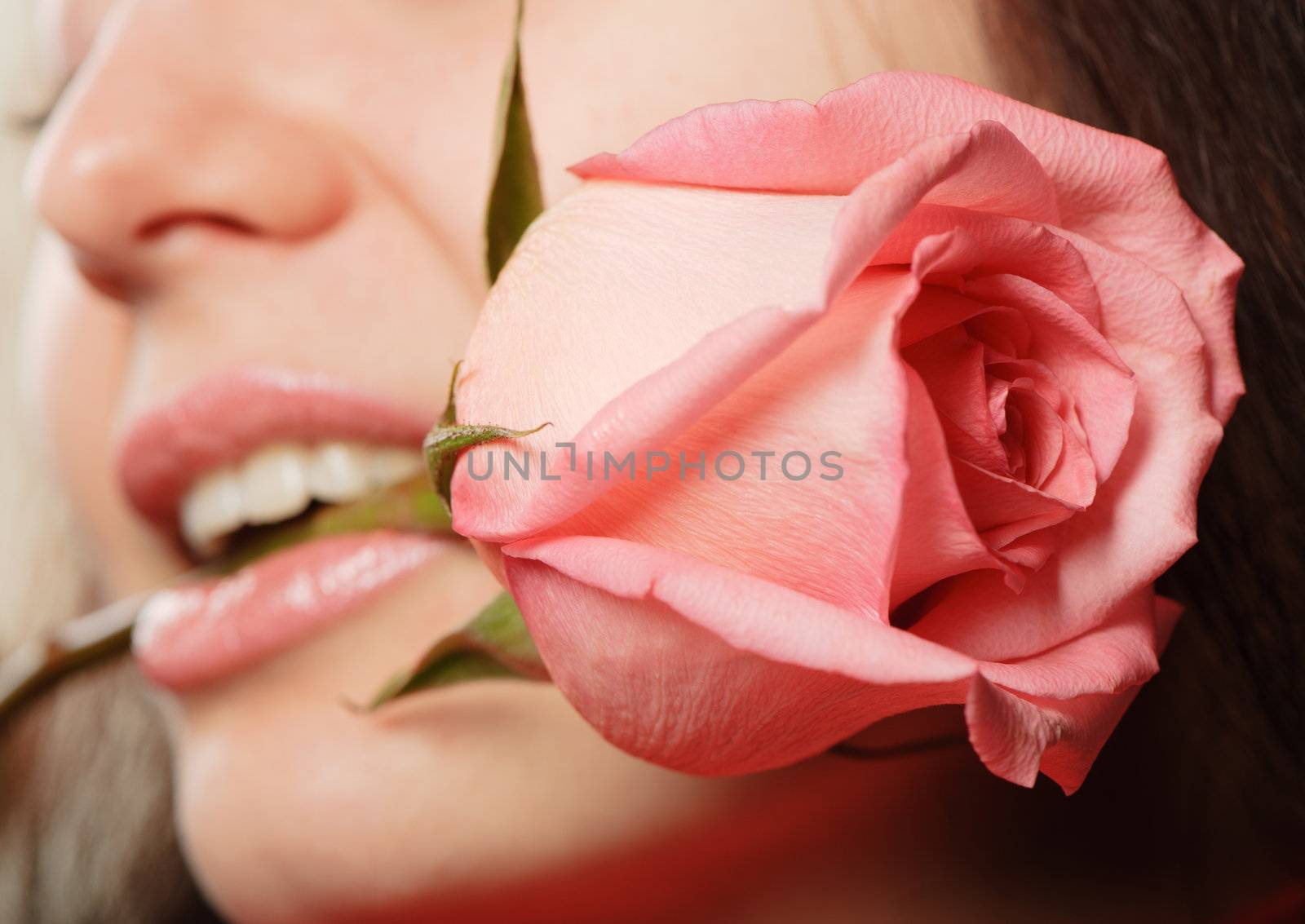 The woman with a rose closeup