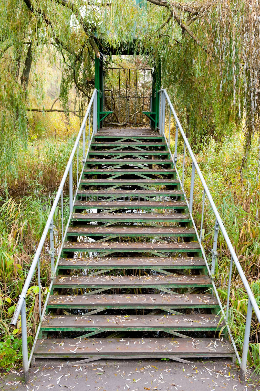 Iron ladder in summer house above a reservoir. The Lvov park